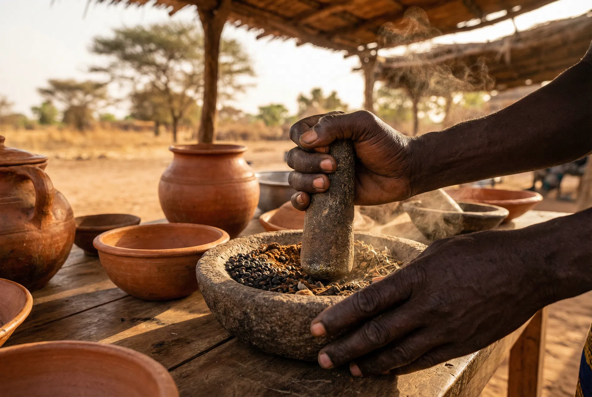 Grinding Chébé seeds and spices with a stone mortar and pestle