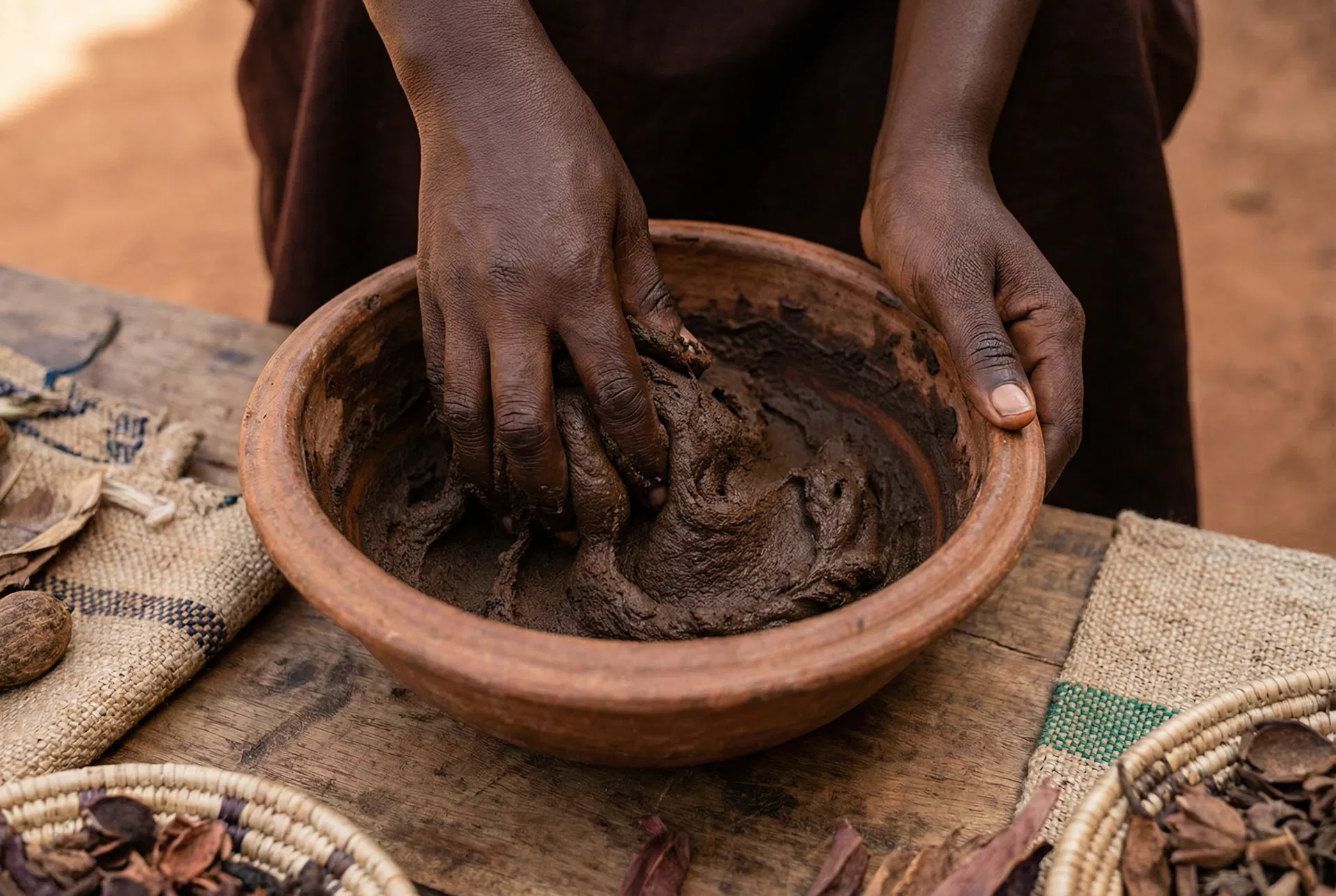 Mixing Chébé powder with shea butter into a thick paste