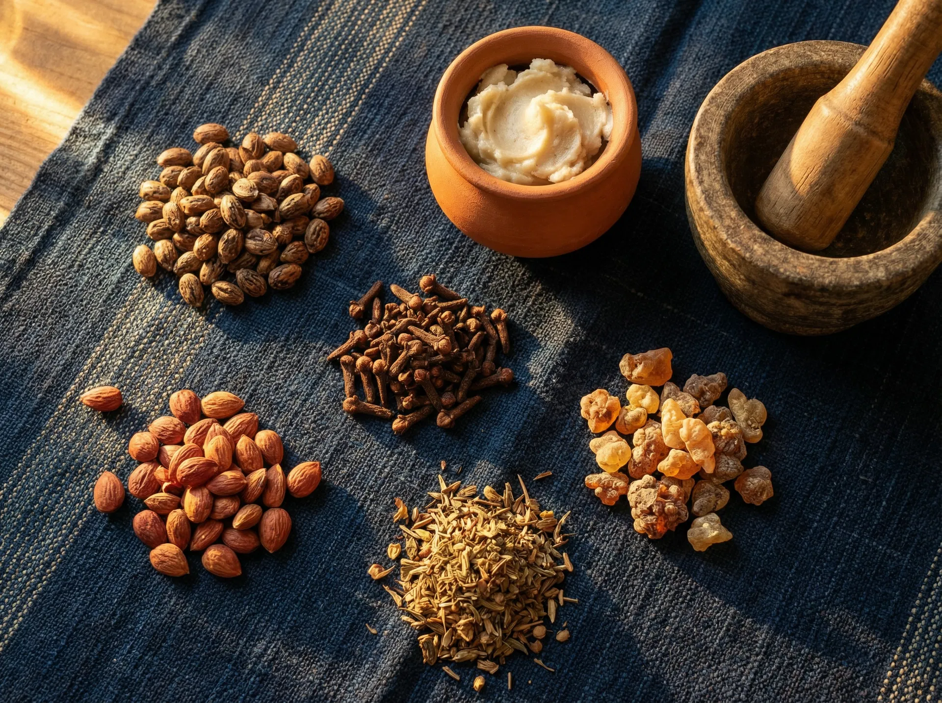 Chébé powder ritual ingredients laid out on indigo cloth