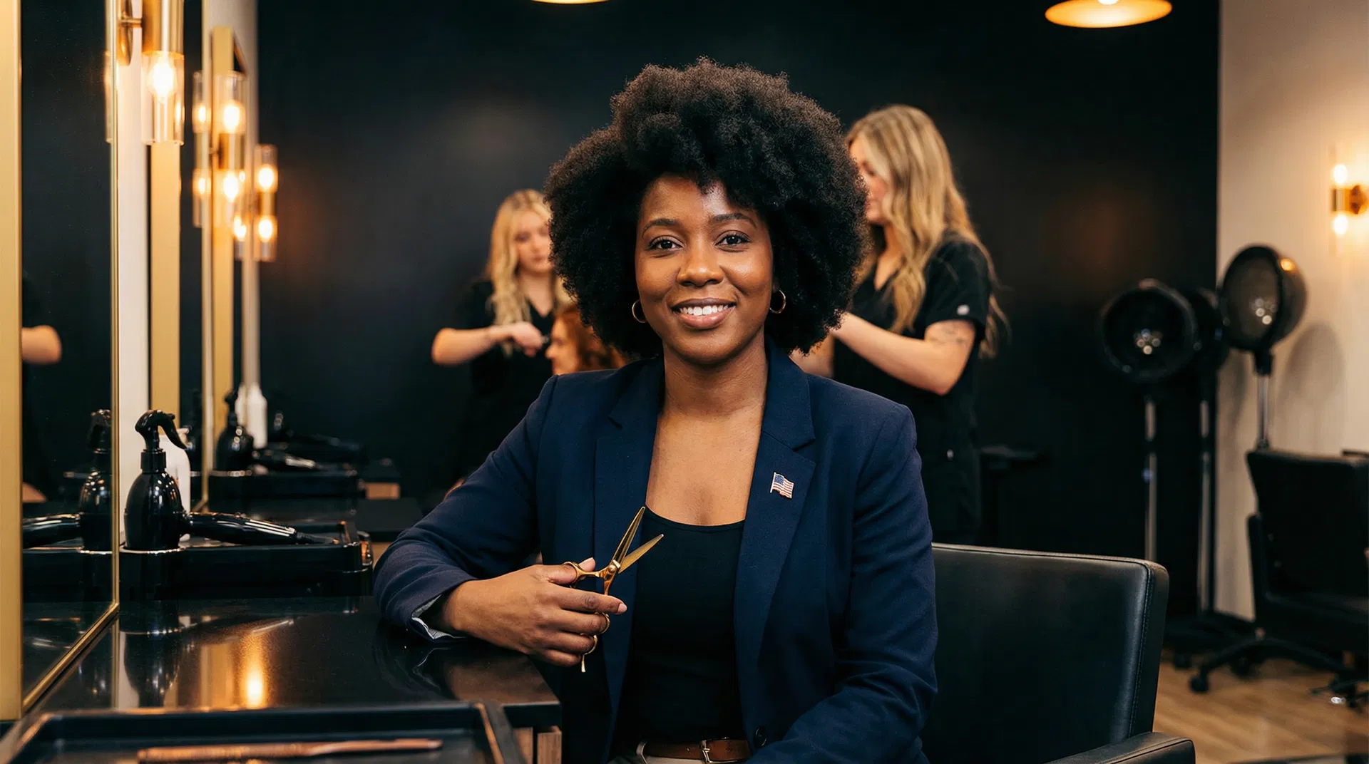 Black woman veteran in cosmetology school