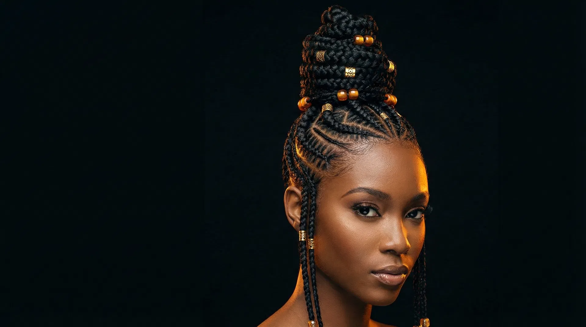 Black woman with intricate sculptural cornrow updo — geometric patterns and architectural bun adorned with amber beads and gold cuffs, warm amber rim lighting