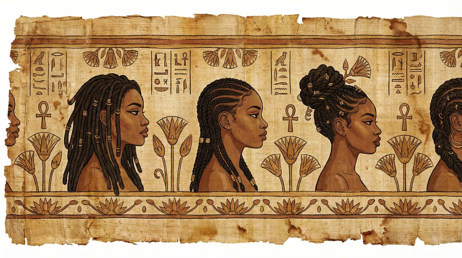 Ancient Egyptian papyrus scroll showing a procession of Black women with different braided hairstyles