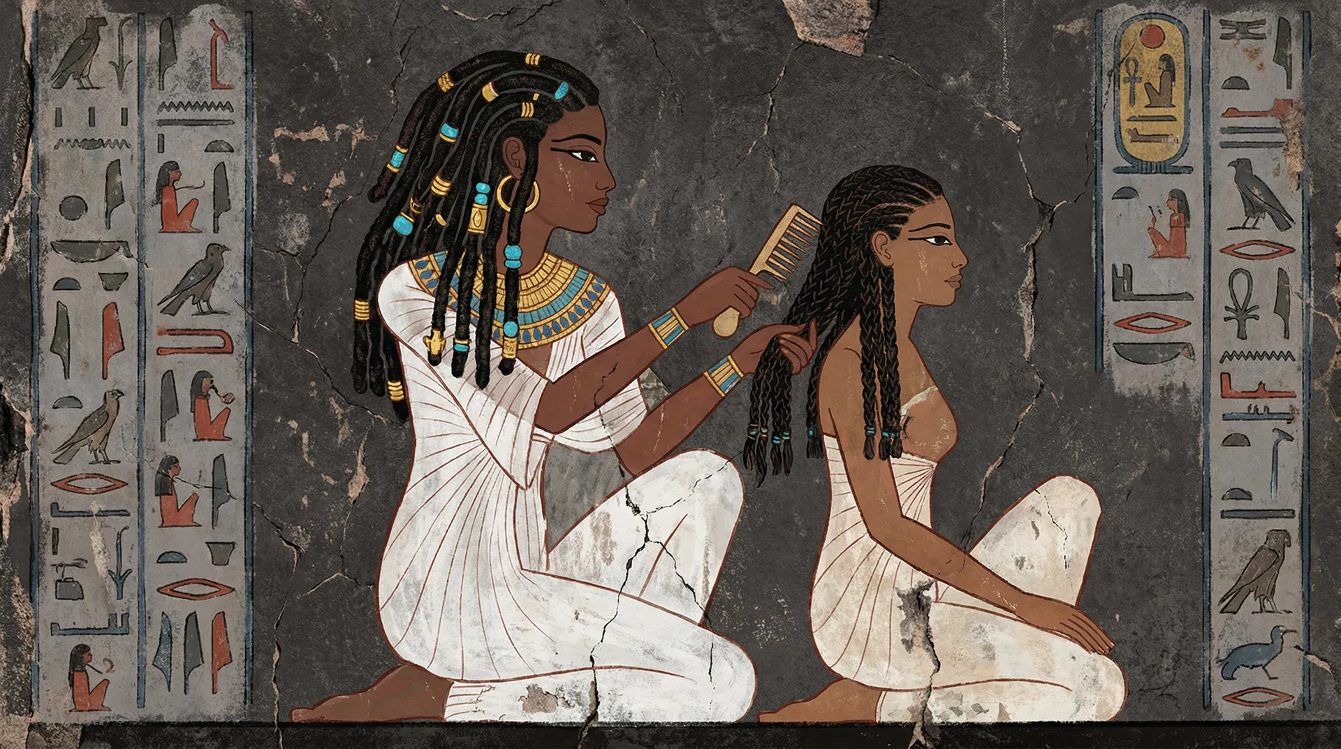 Ancient Egyptian tomb wall painting of a hair braiding ceremony