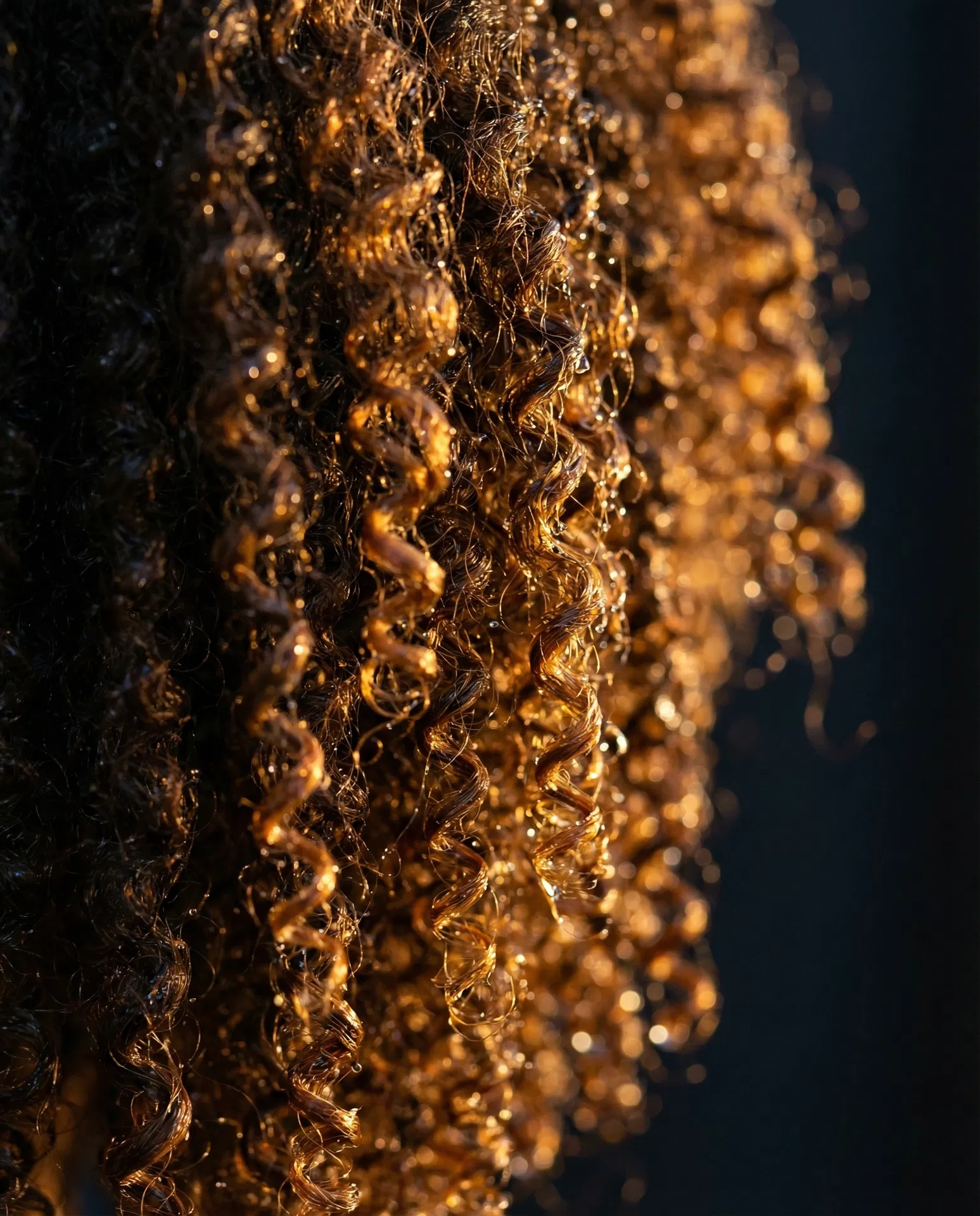 Close-up of moisturized natural Black hair coils glistening with water droplets