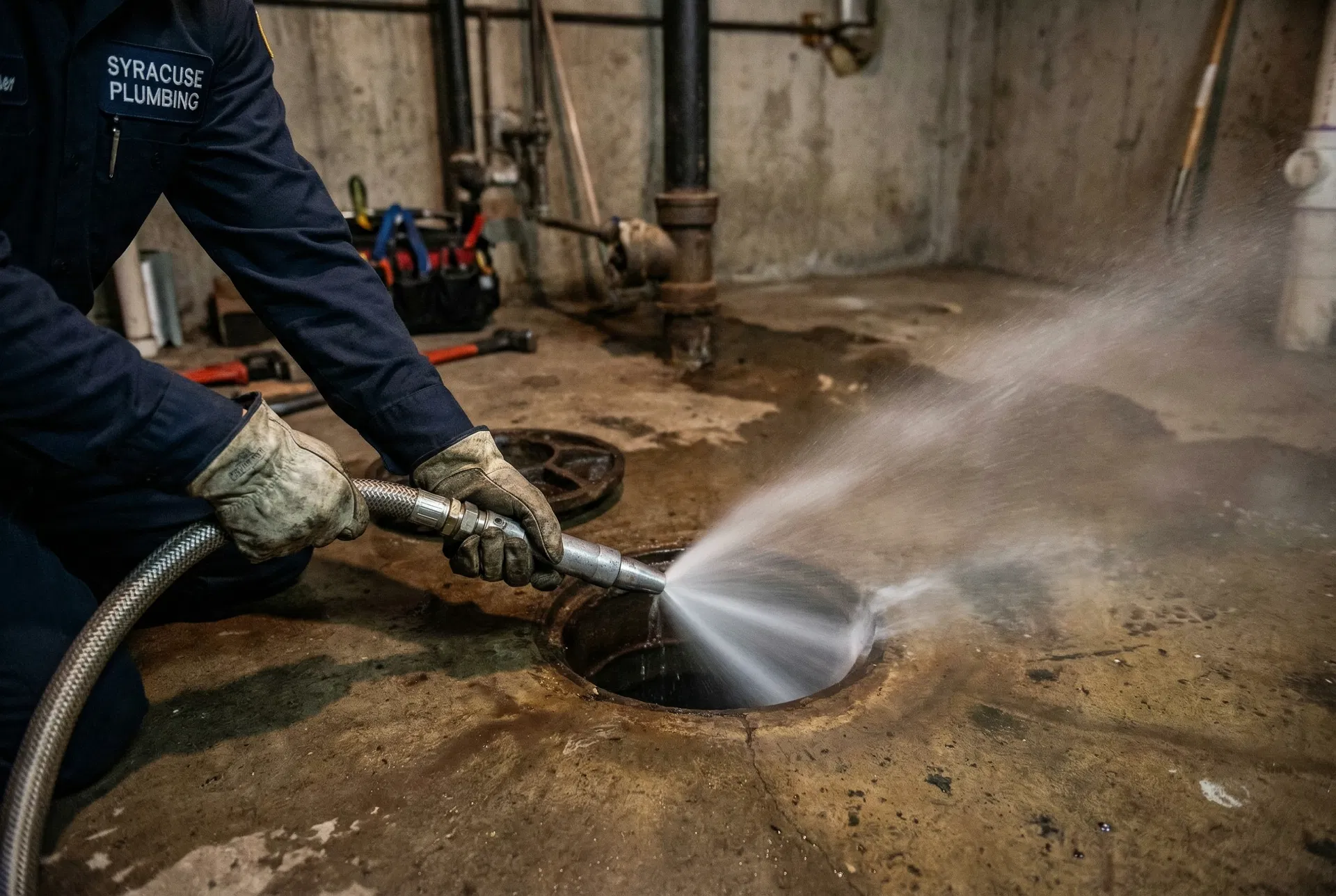 Syracuse Emergency Plumber technician performing professional drain cleaning in a Syracuse NY home