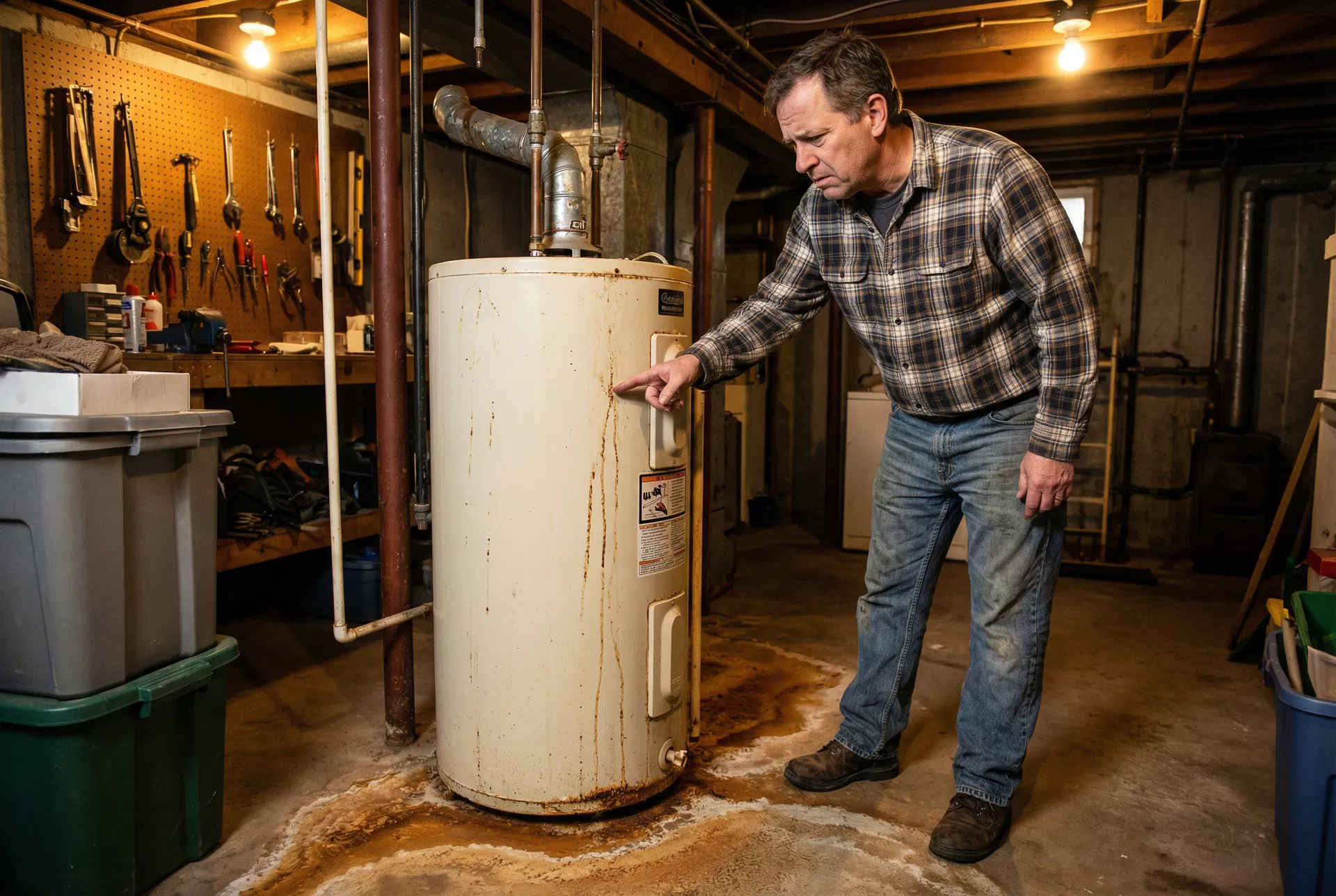Syracuse Emergency Plumber technician inspecting a residential water heater in Syracuse NY