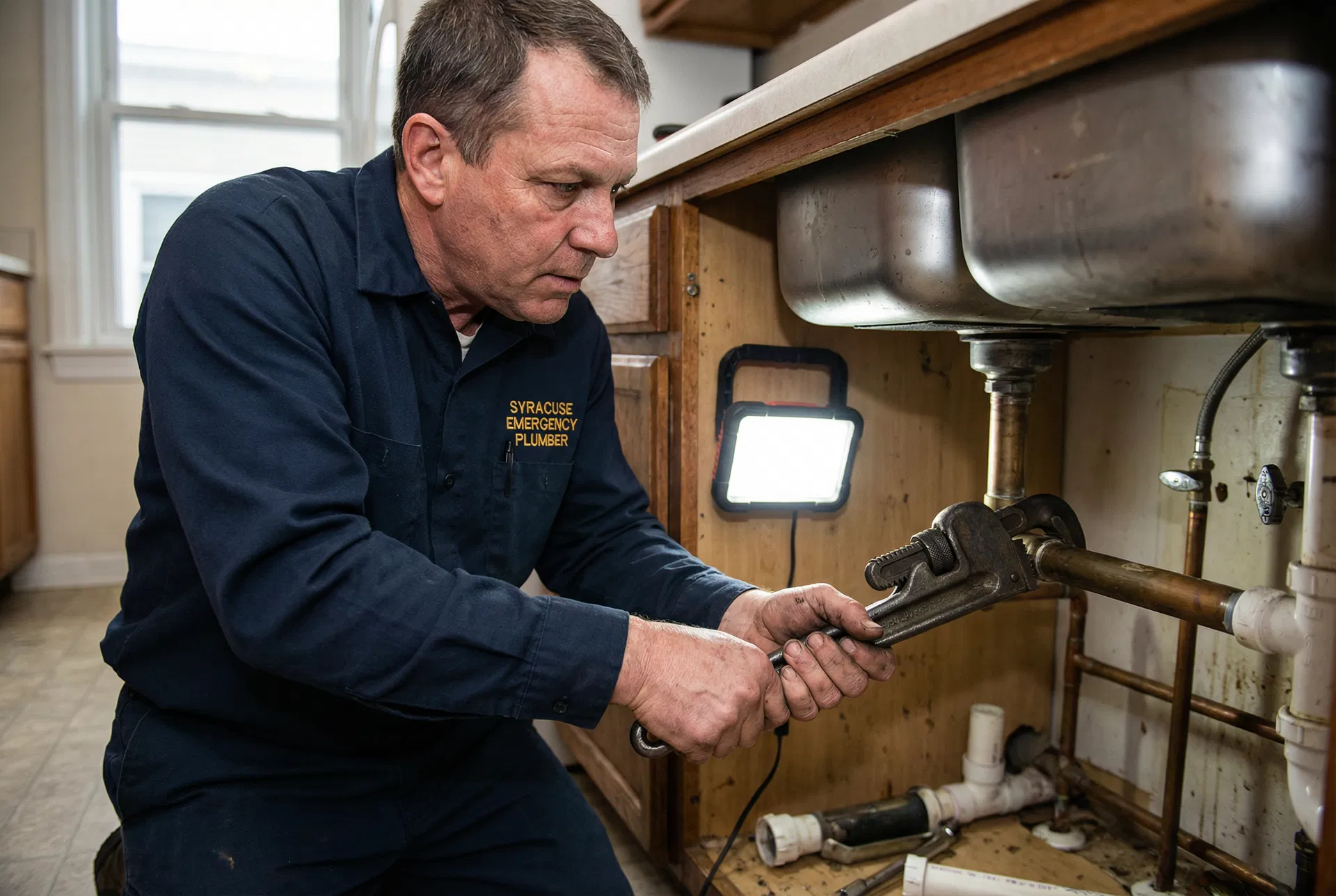 Syracuse Emergency Plumber licensed plumber working under a kitchen sink