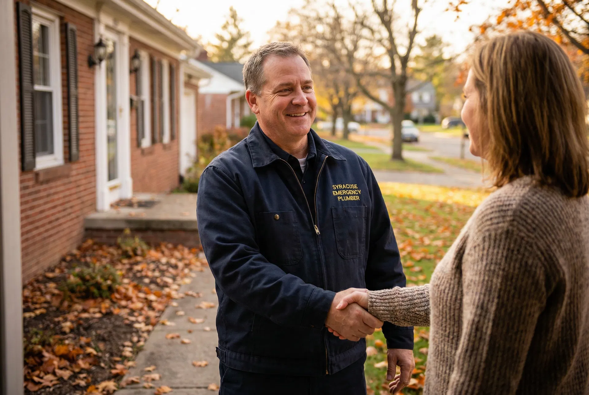 Syracuse Emergency Plumber technician greeting a homeowner at their door