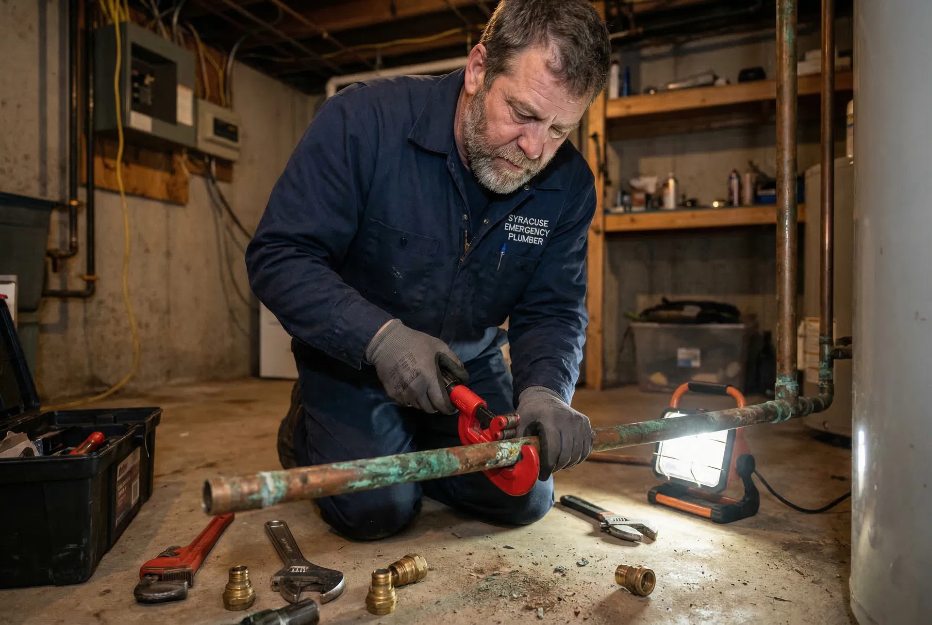 Professional plumber performing burst pipe repair in Syracuse, NY — Job in DeWitt, NY