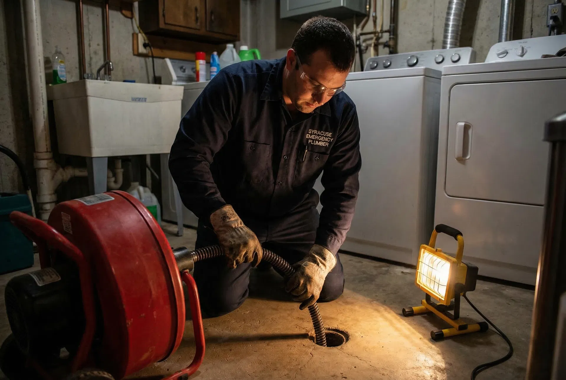 Professional plumber performing drain cleaning in Syracuse, NY — Job in Liverpool, NY