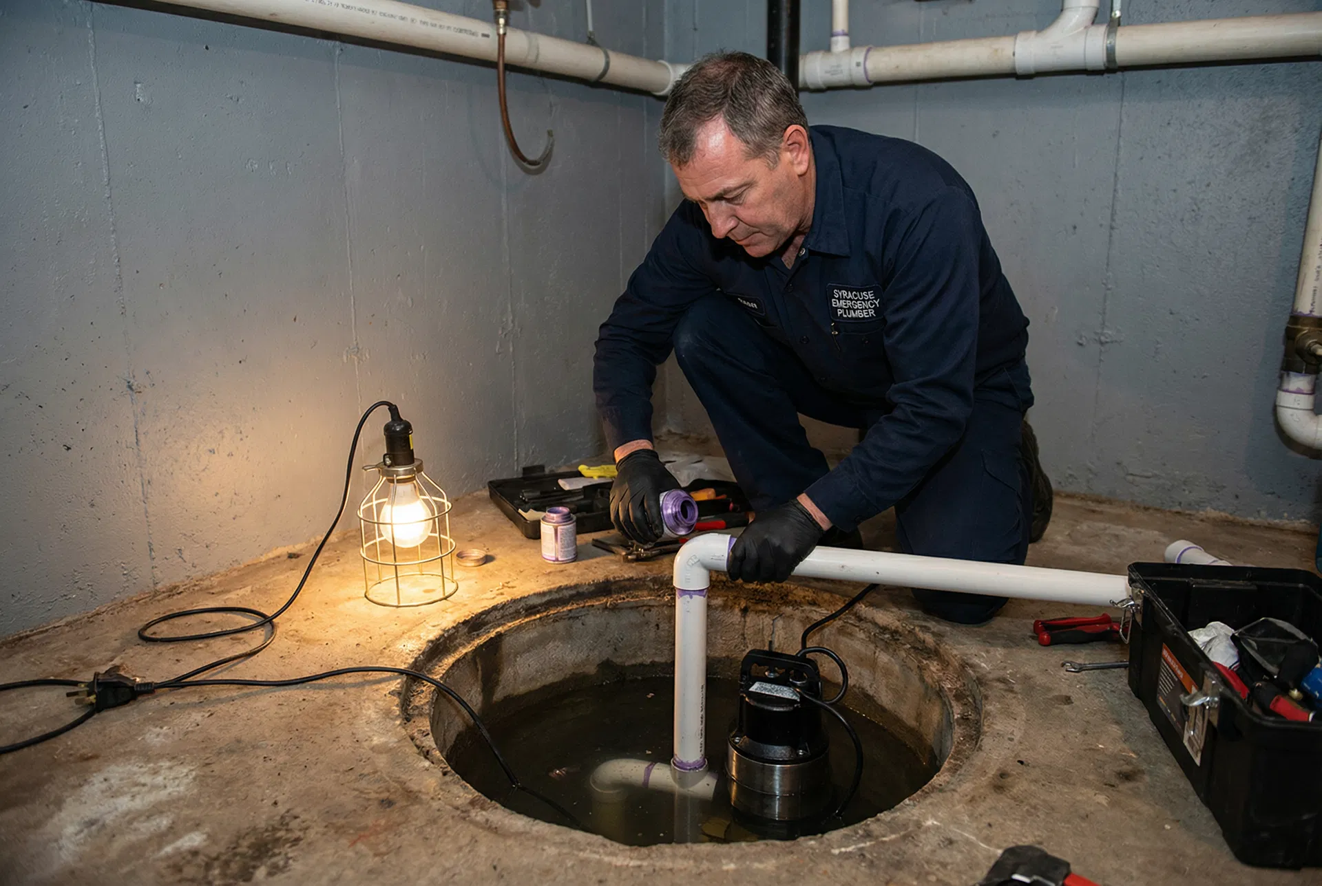 Sump pump installation in a Syracuse home basement