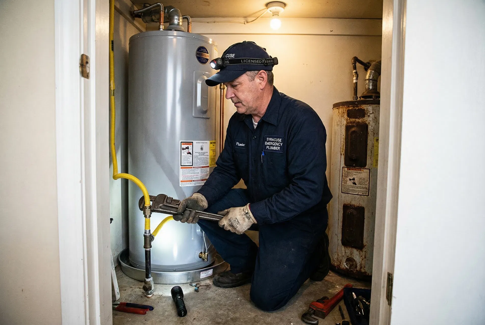 Professional plumber performing water heater repair in Syracuse, NY — Job in Camillus, NY