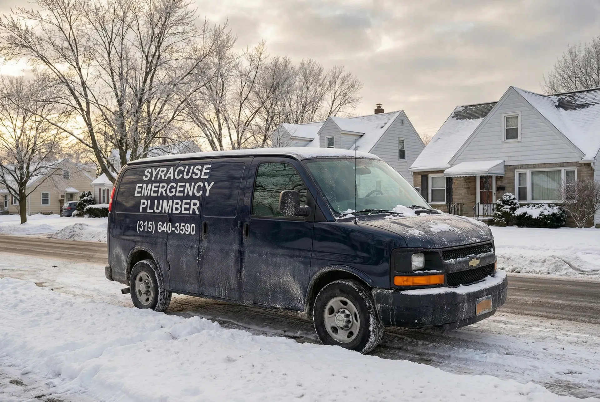 Syracuse Emergency Plumber navy service van on a snowy Syracuse NY street