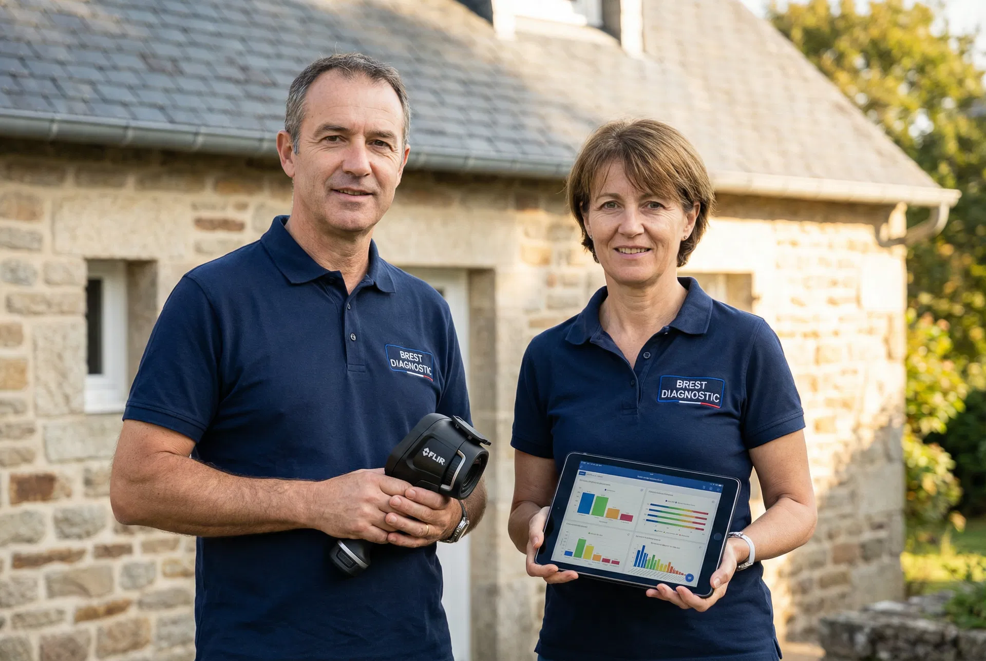 L'équipe EDL & Diagnostic devant une maison bretonne — Diagnostiqueurs certifiés à Brest