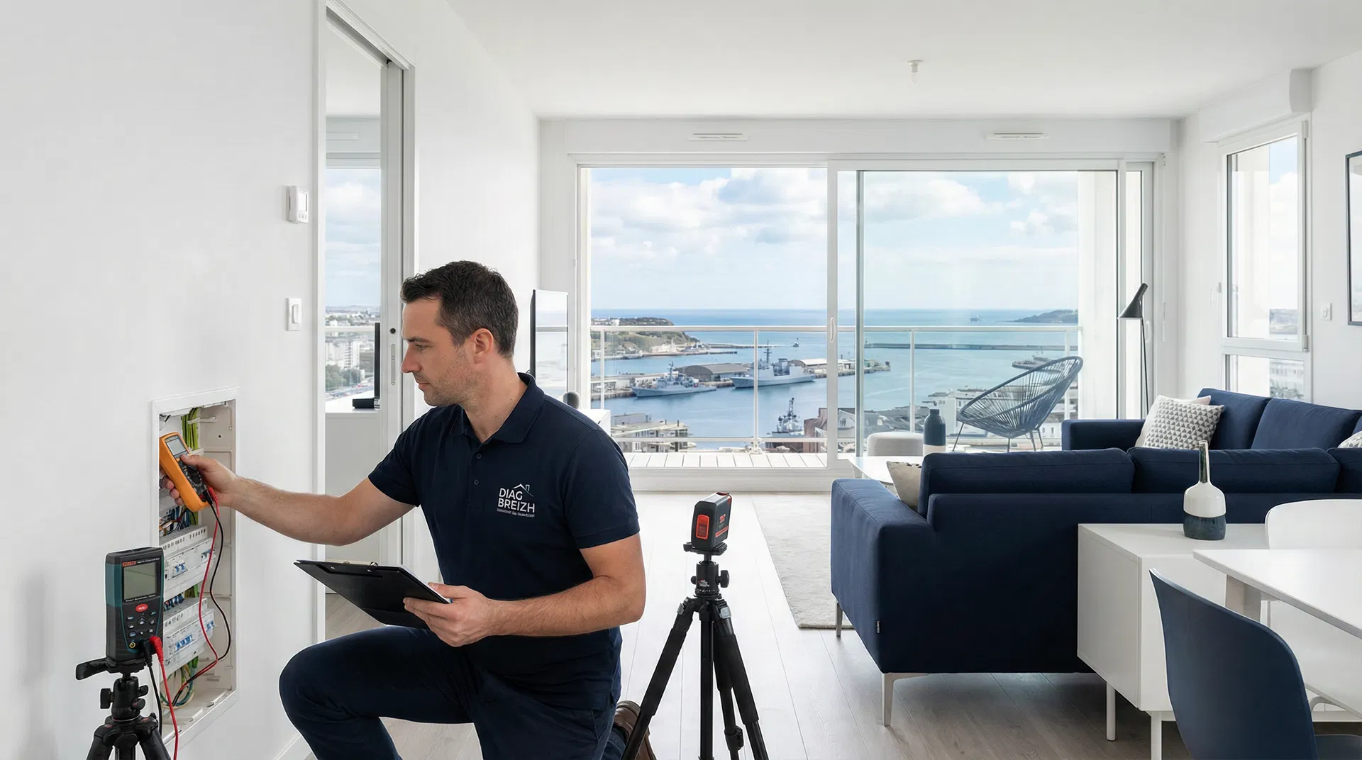 Diagnostiqueur immobilier certifié à Brest inspectant un appartement avec vue sur le port