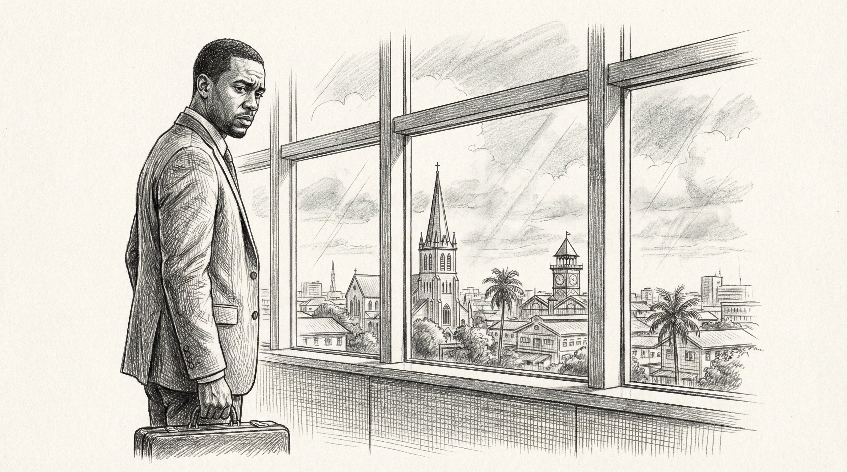 A Guyanese professional at an airport departure gate, looking back at the Georgetown skyline