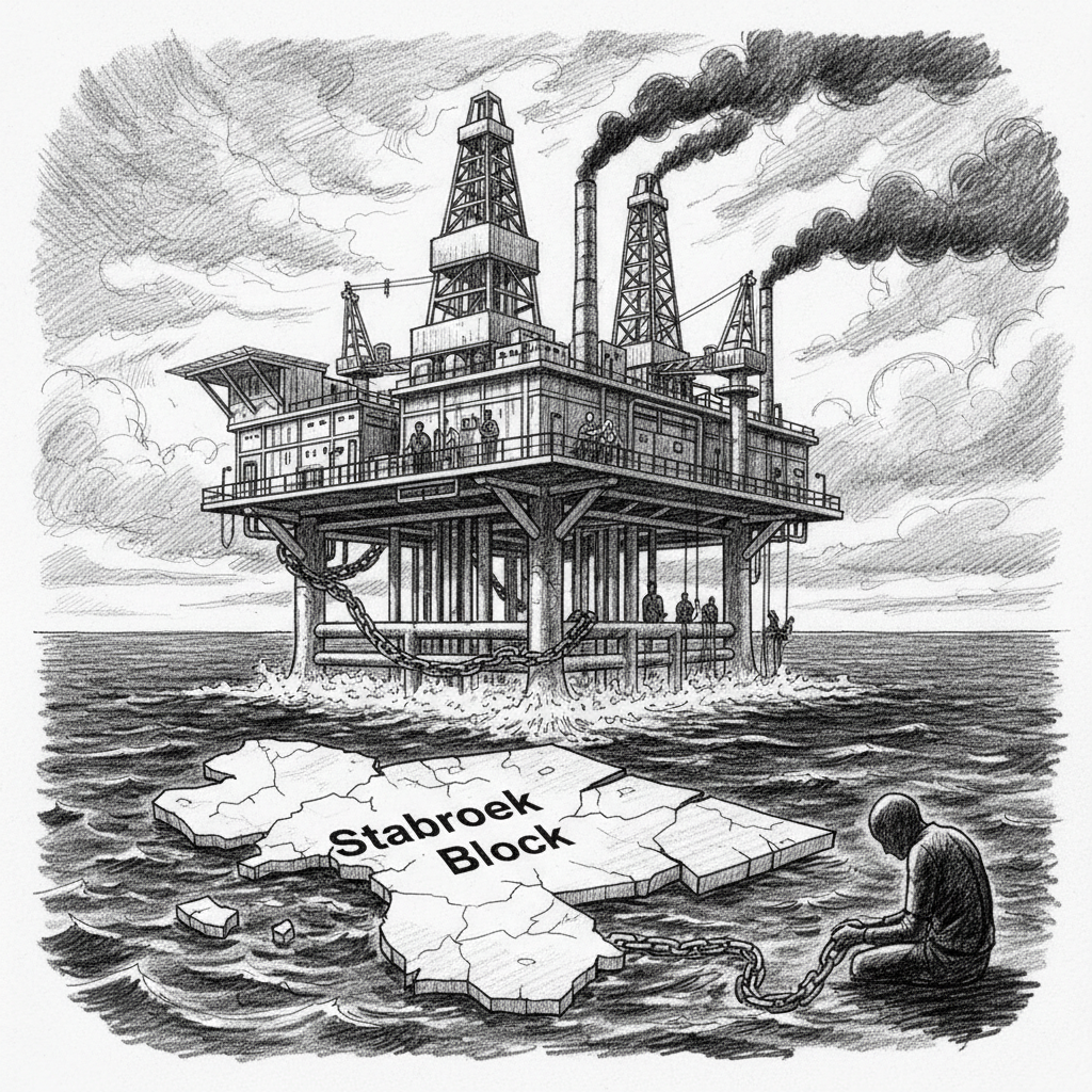 Pencil sketch illustration for: Captive by Consent: The 2016 Agreement and the Politics of Resignation in Guyana's Oil Sector
