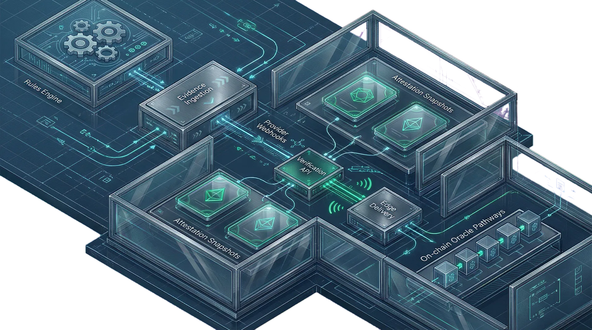 OMINEX technical architecture illustration with rules, evidence ingestion, attestation snapshots, verification API, edge delivery, and oracle pathways