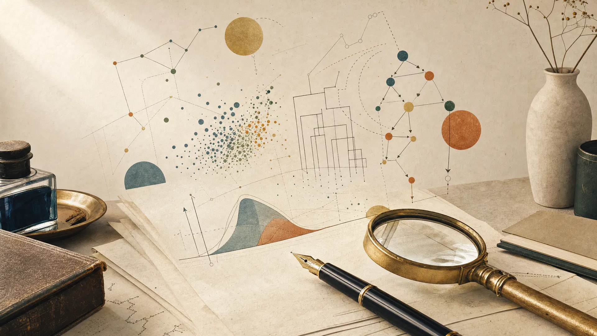 Atelier editorial com instrumentos e diagramas de Machine Learning