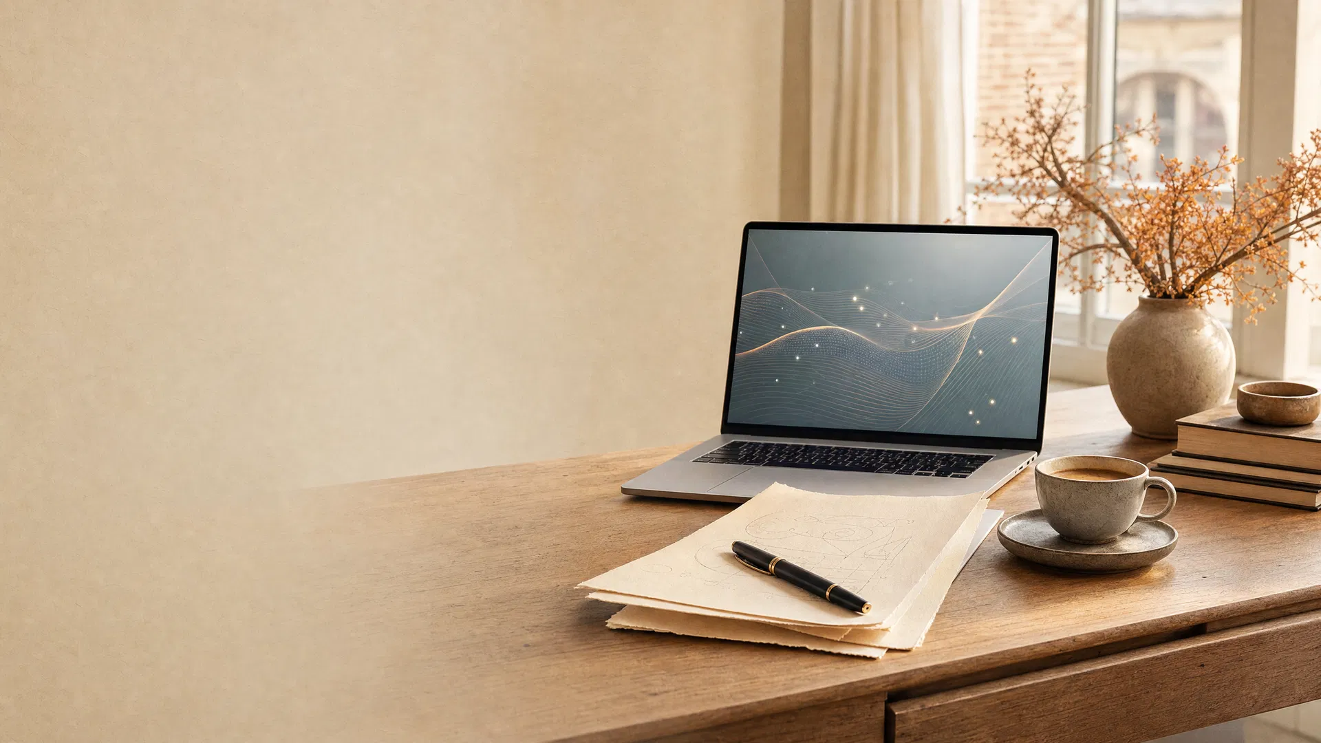 Bureau calme avec ordinateur et notes, symbolisant une adoption humaine de l'IA