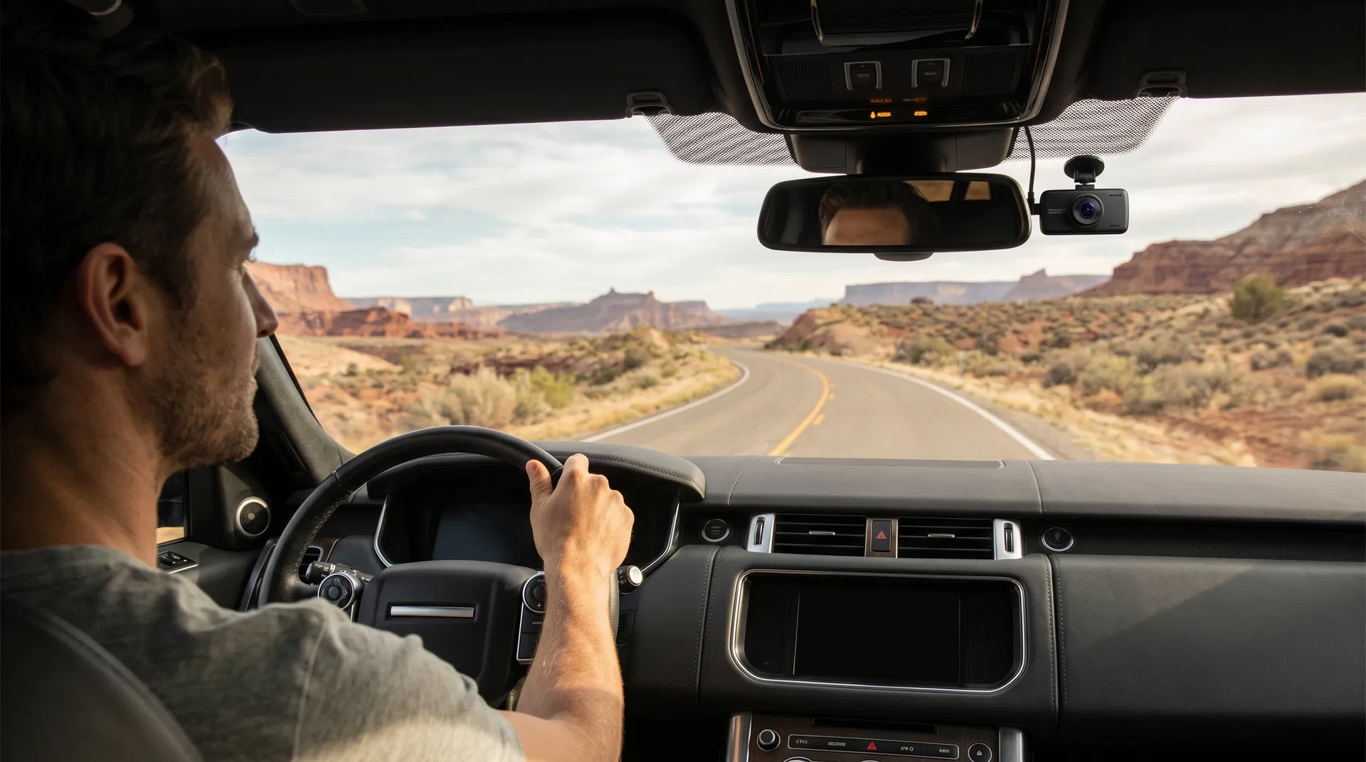 Driver on a Utah road with a discreet dash camera installed