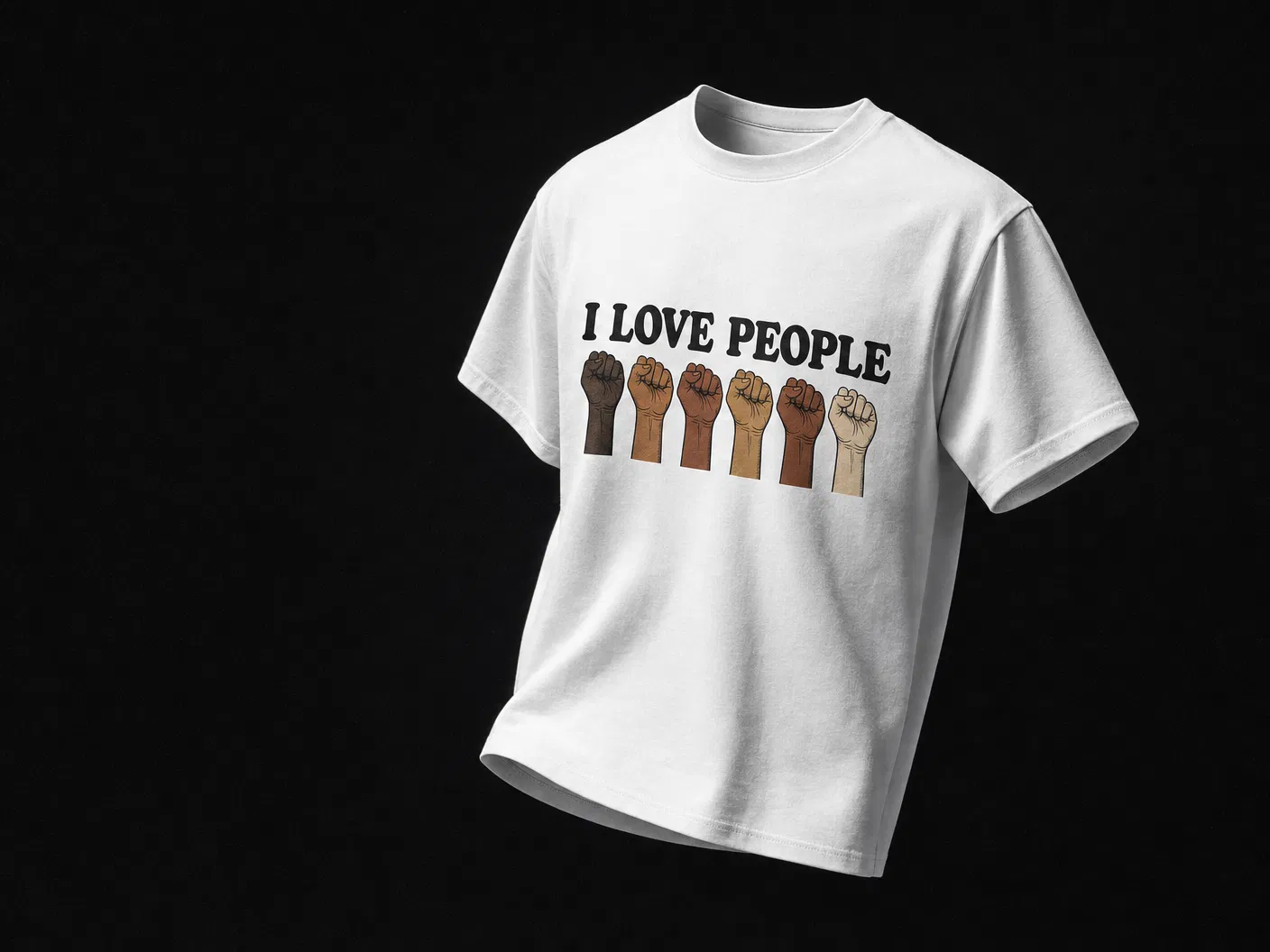 White My Kin I Love People graphic tee with diverse raised fist illustration