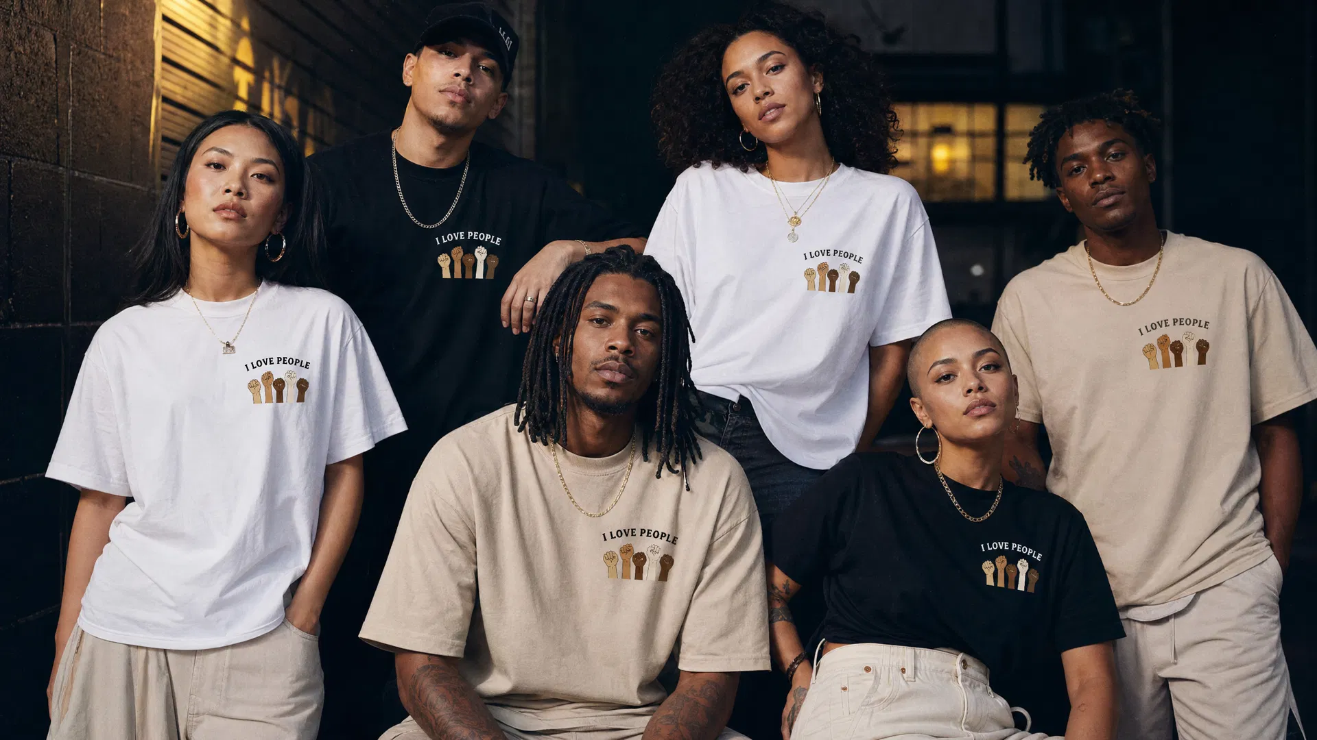 Diverse group wearing My Kin I Love People t-shirts