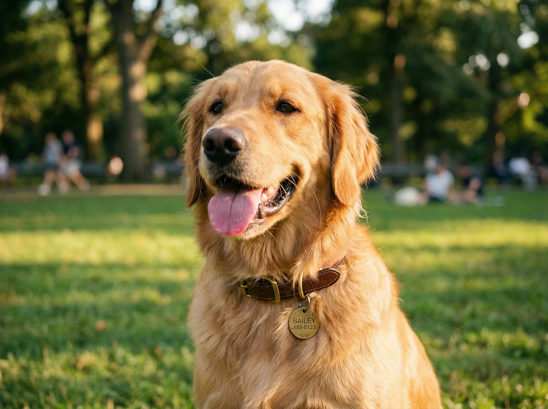 Happy dog wearing a collar with a Relative Information ID tag in a park
