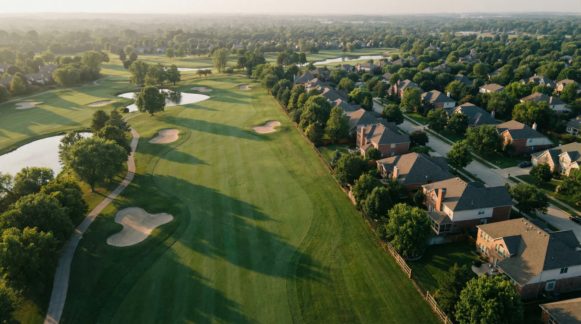 Aerial view of golf course adjacent to residential neighborhood