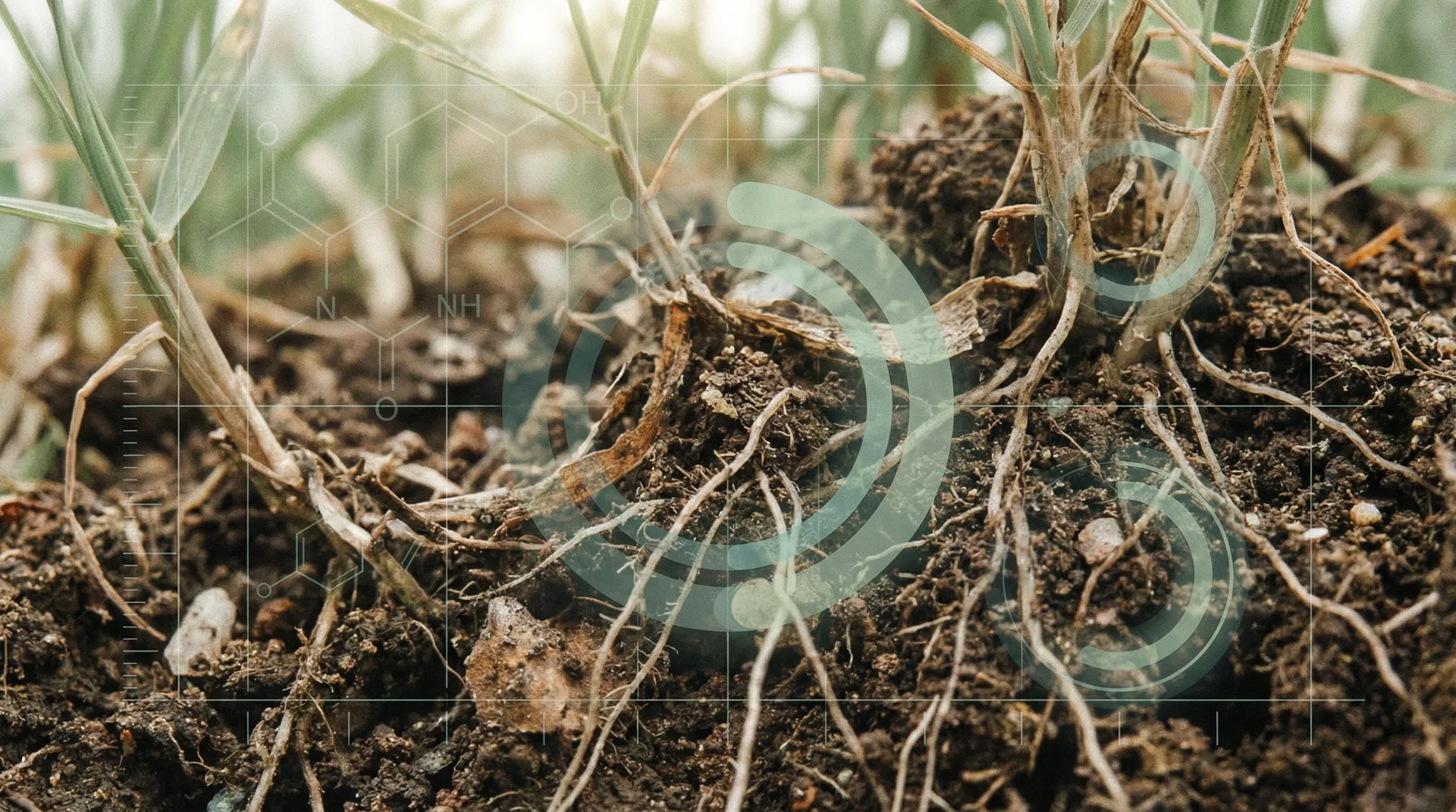 Soil and grass roots with scientific overlay showing chemical analysis