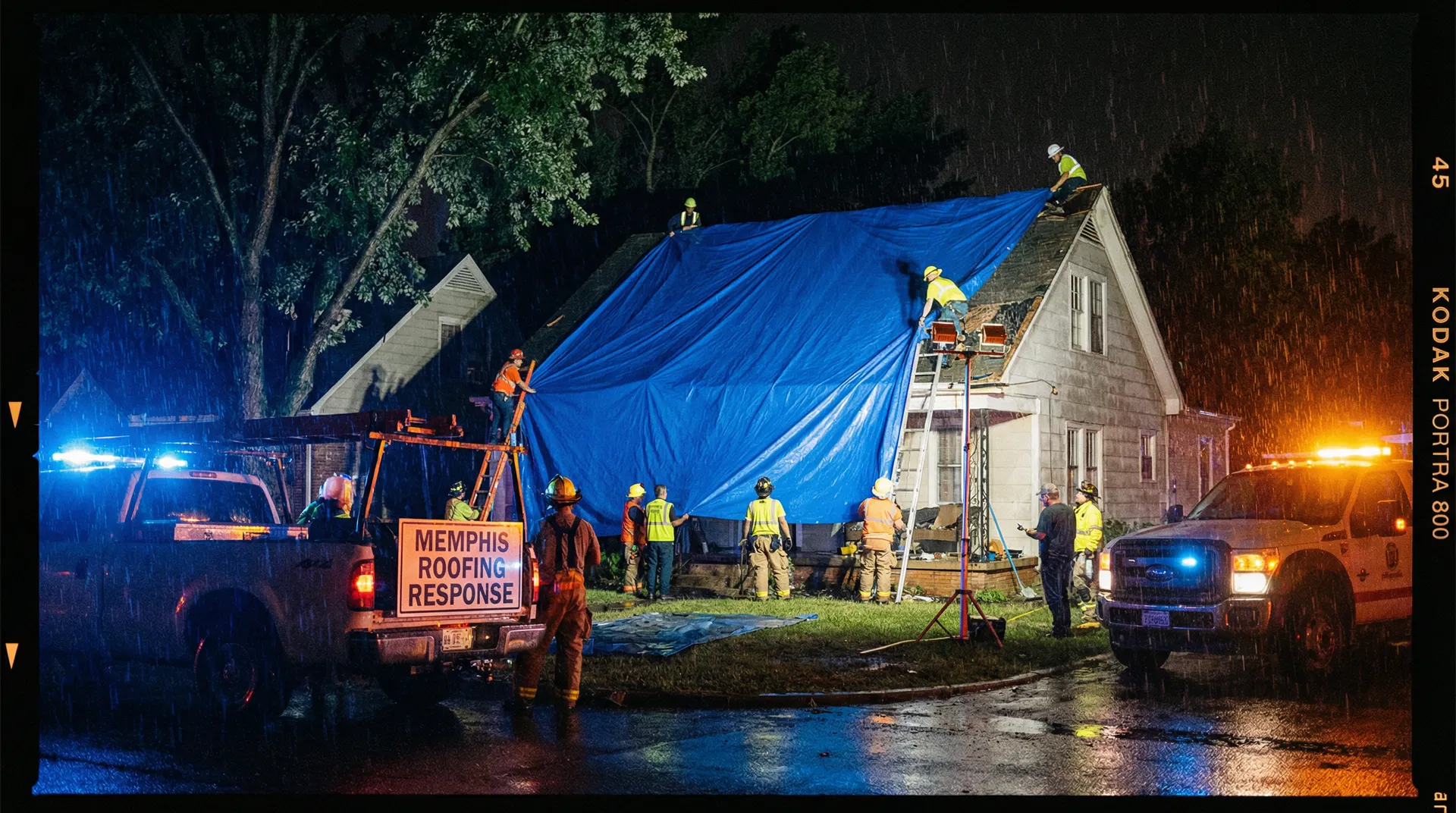 Emergency roof repair team responding at night in Memphis during storm