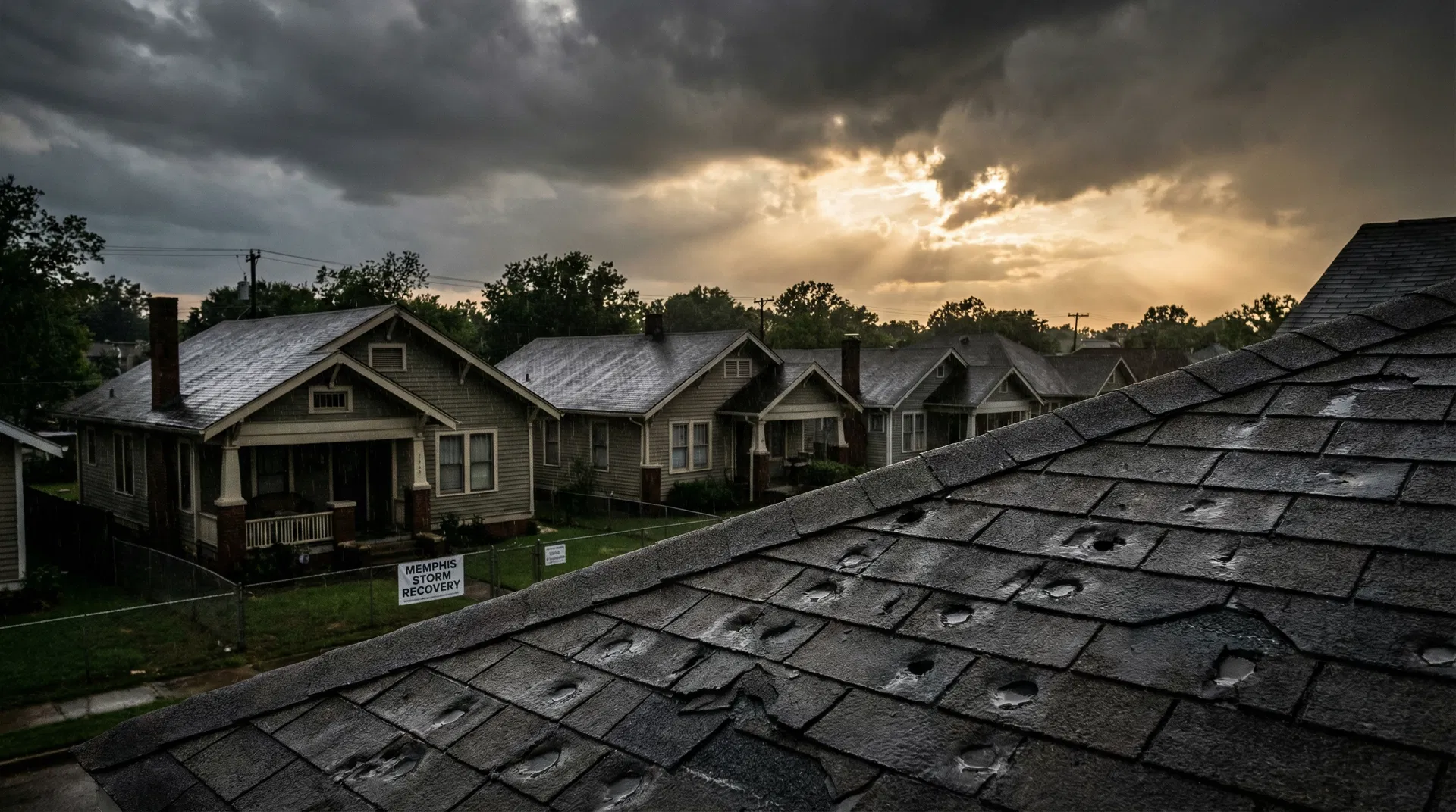 Storm damaged roof with hail damage in Memphis Tennessee neighborhood