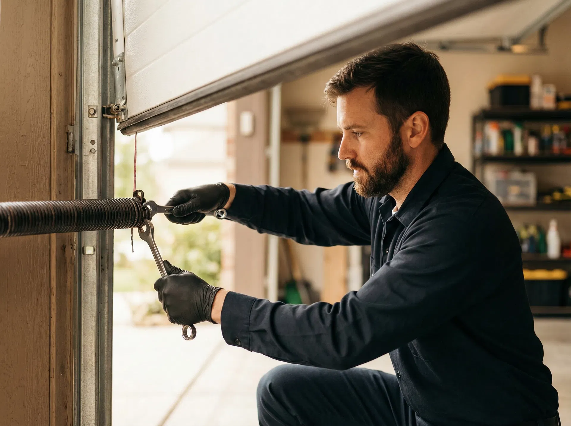 Door By Door technician repairing a garage door