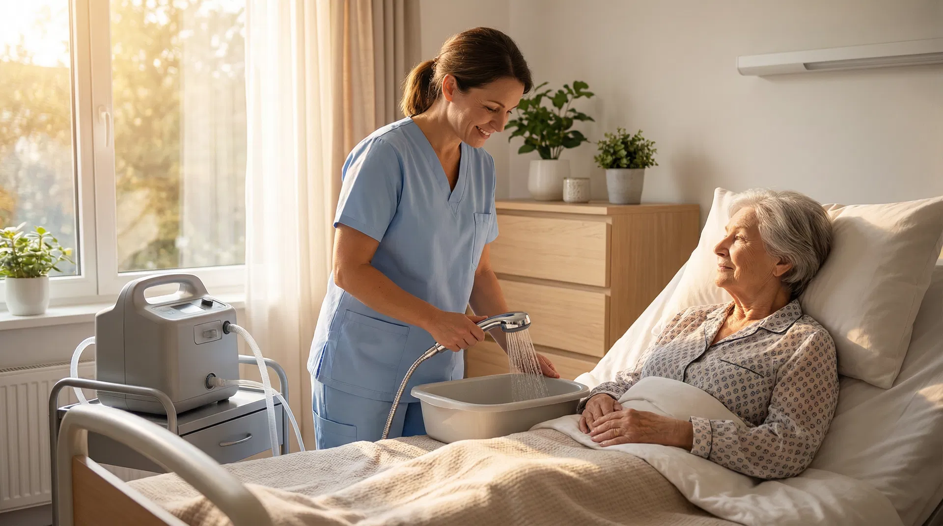 Caregiver providing in-bed shower service