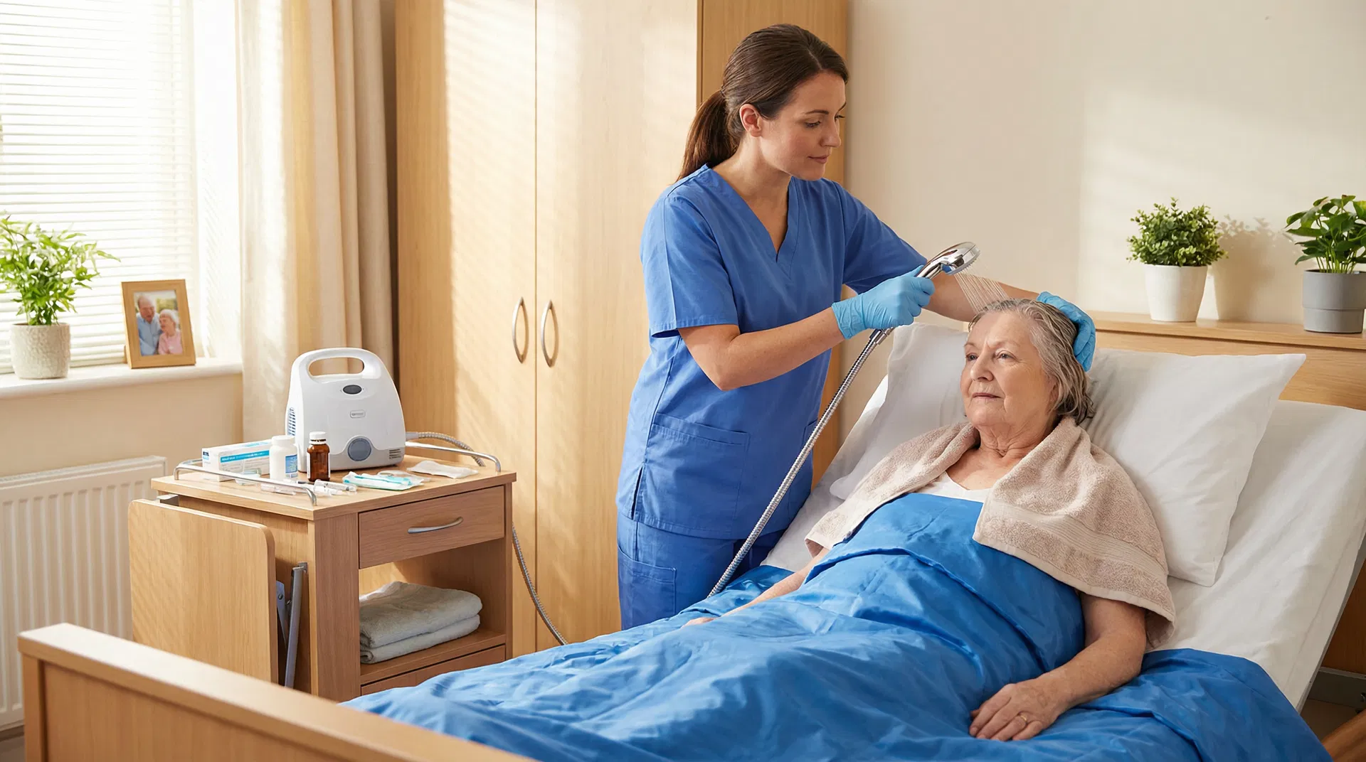 Caregiver providing in-bed shower service