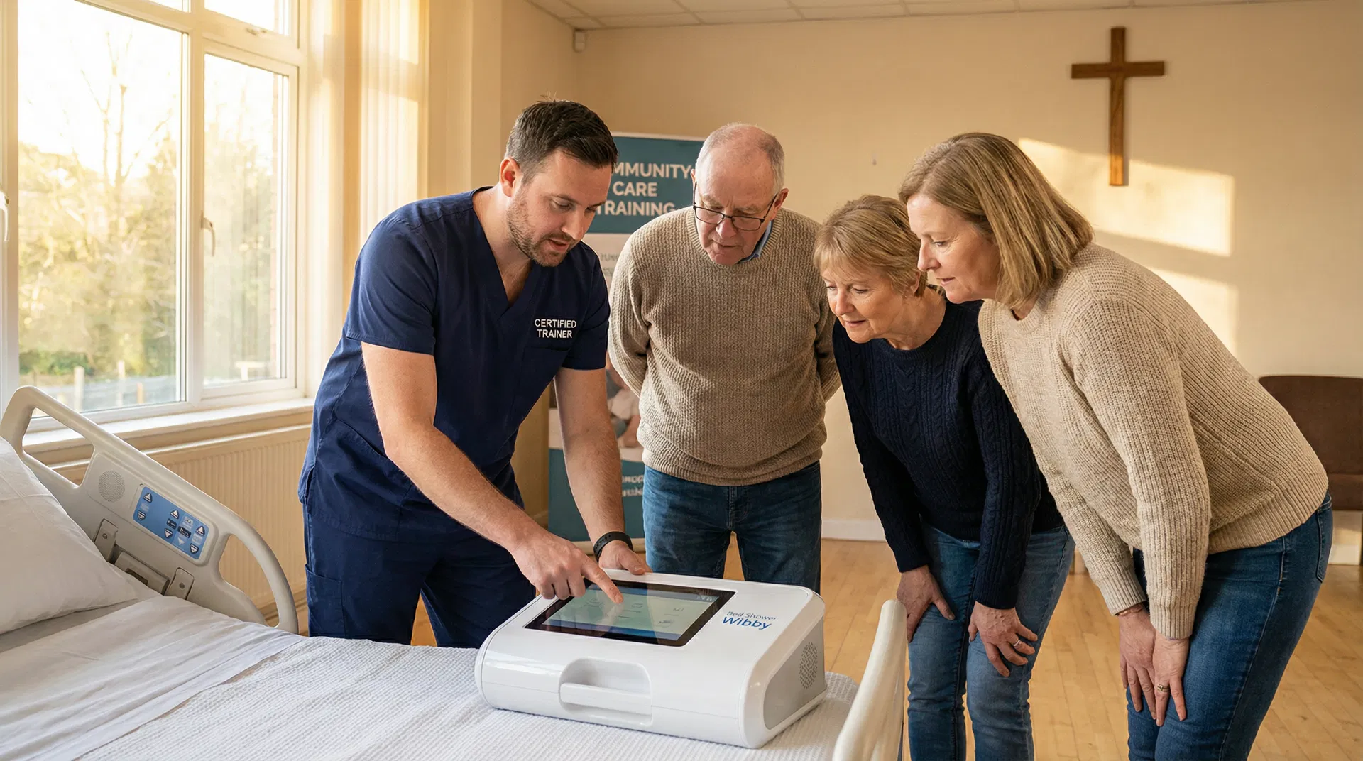 Certified trainer demonstrating the Bed Shower Wibby to church volunteers