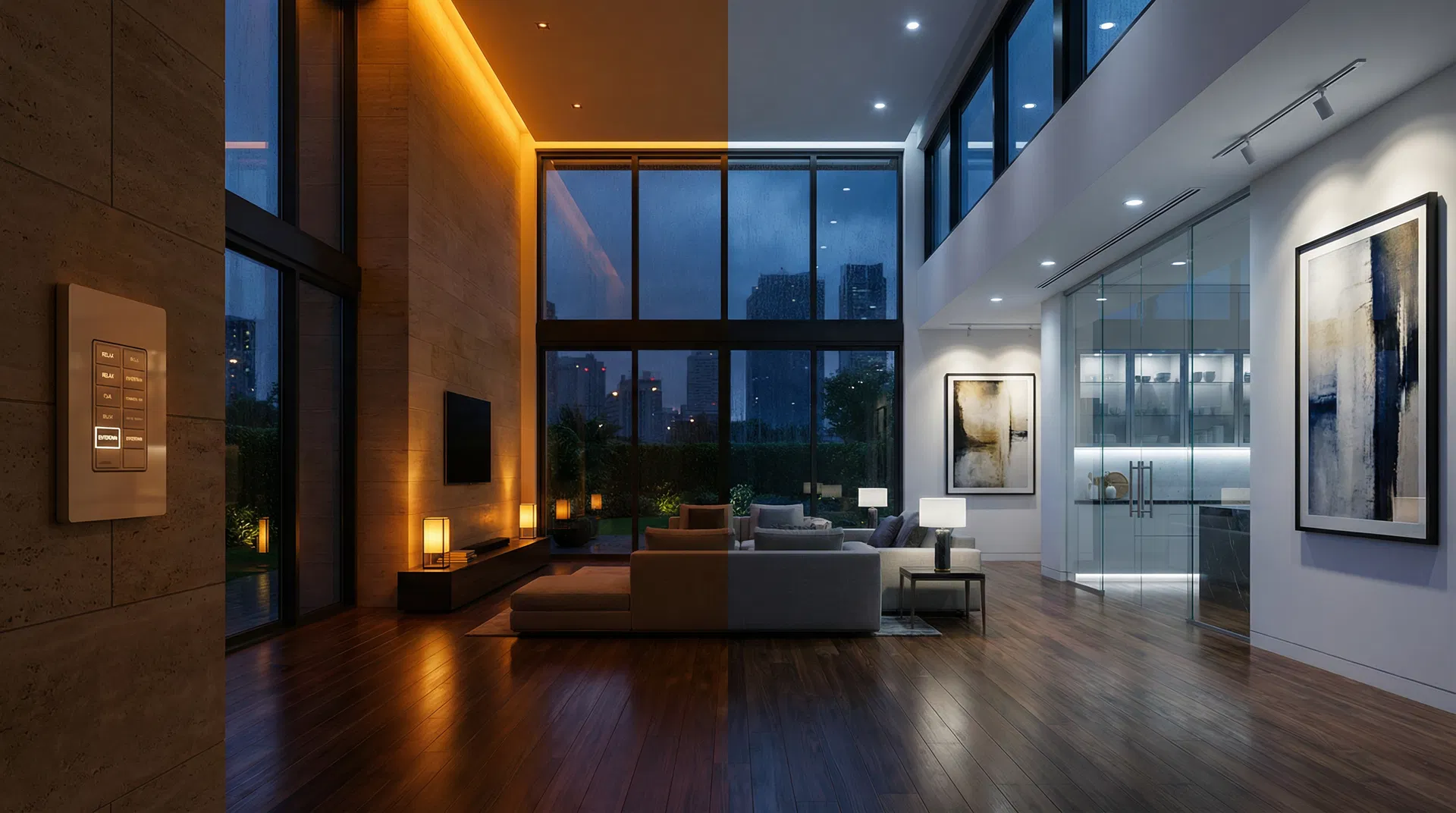 Elegant modern living room with sophisticated smart lighting control system