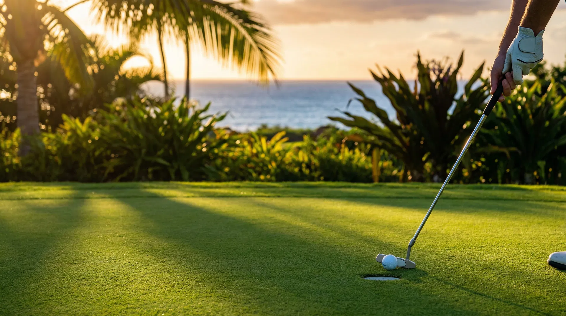 Golf ball rolling on a lush green Bermuda grass putting green with the ocean in the background in Hawaii