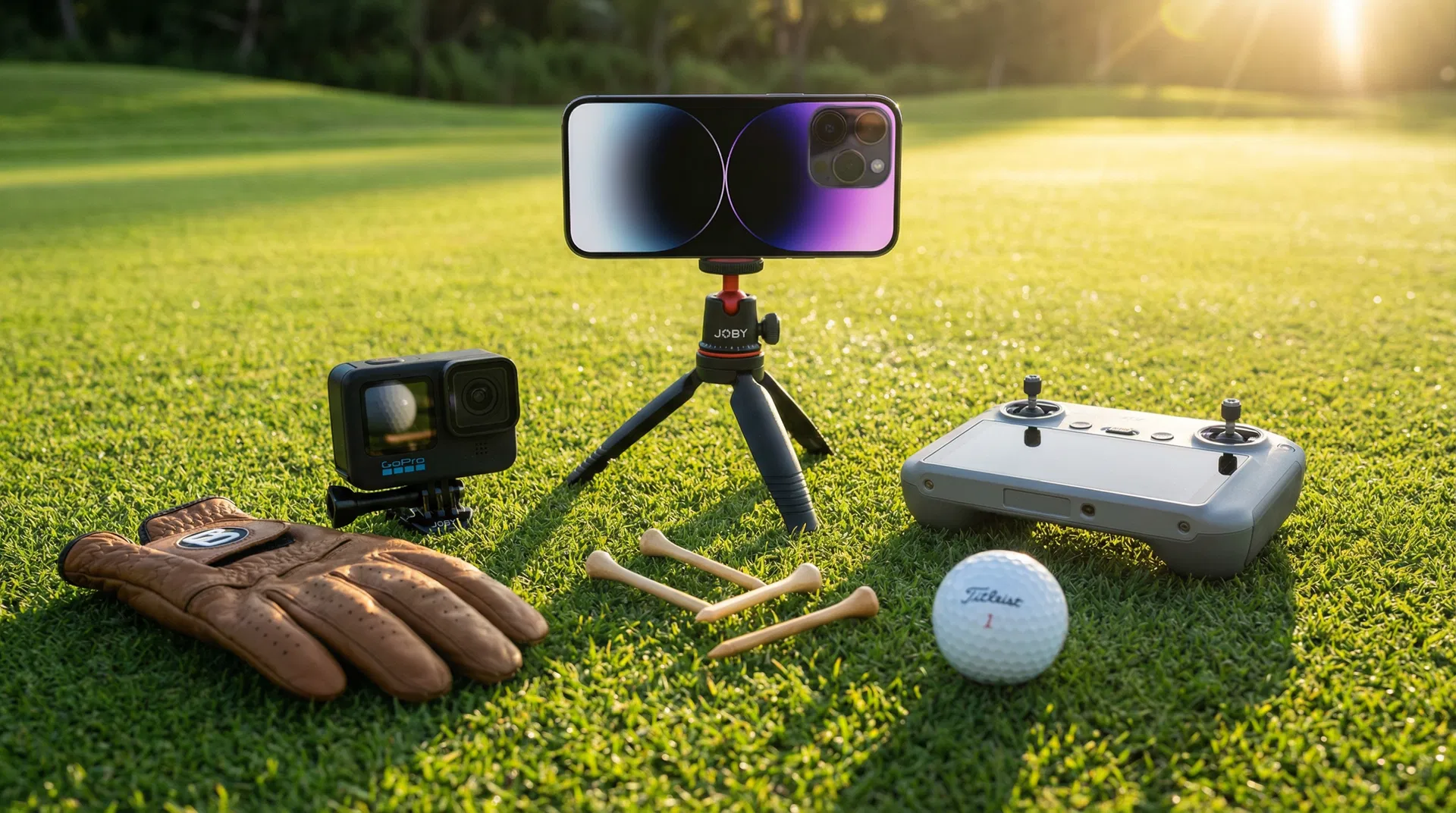 A golfer putting on a green overlooking the ocean at sunset in Hawaii, with a camera tripod in the foreground.