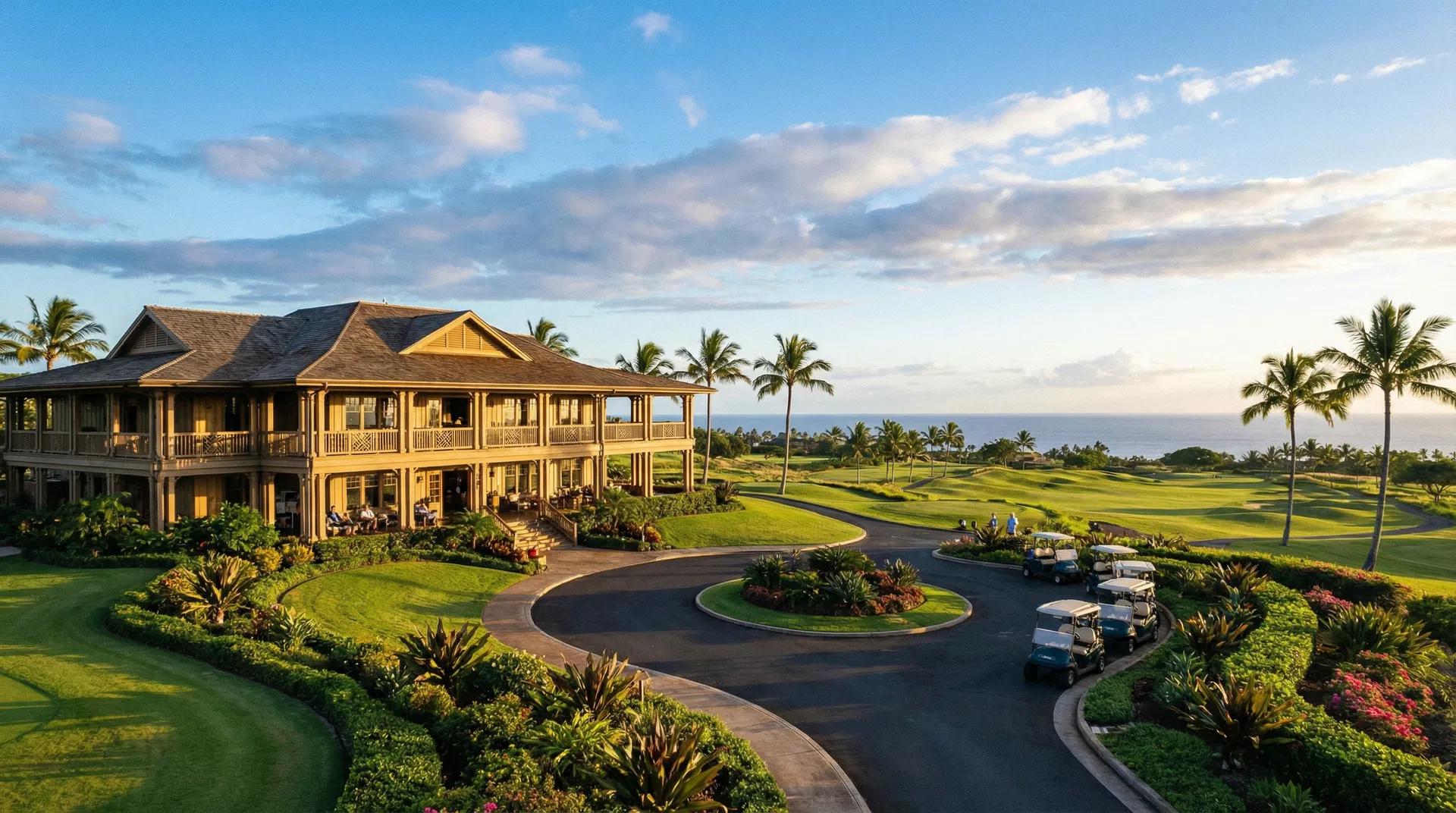 Aerial view of West Loch Golf Course fairways winding along the tranquil West Loch in Ewa Beach, Oahu, with palm trees and a clubhouse in the distance.