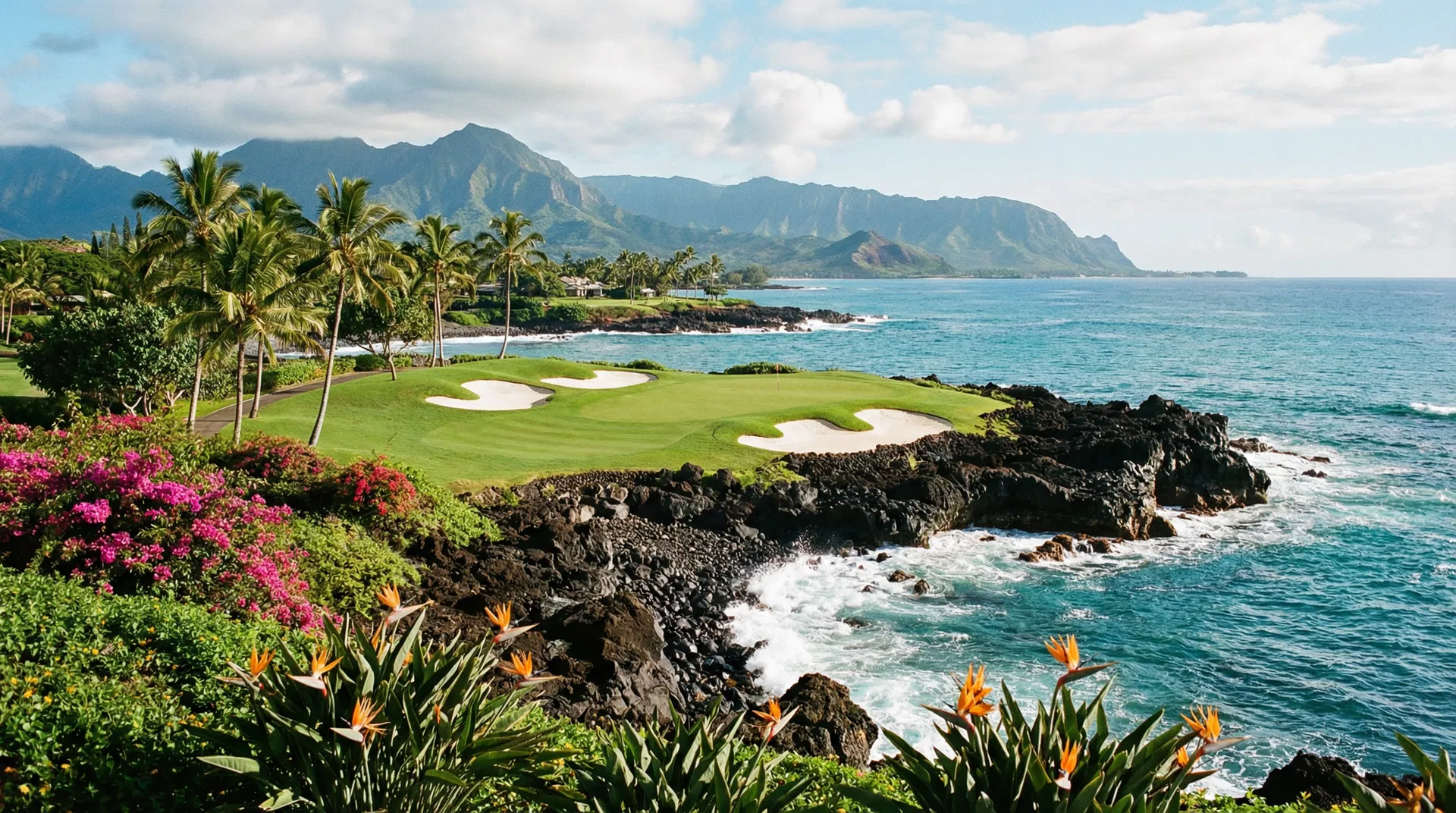 Panoramic view of Elleair Golf Club's 18th hole with the Pacific Ocean and West Maui Mountains in the background