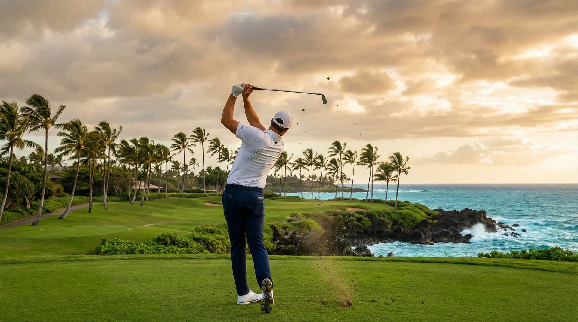 Golfer putting on a pristine green overlooking the ocean in Hawaii, with palm trees and blue skies in the background.