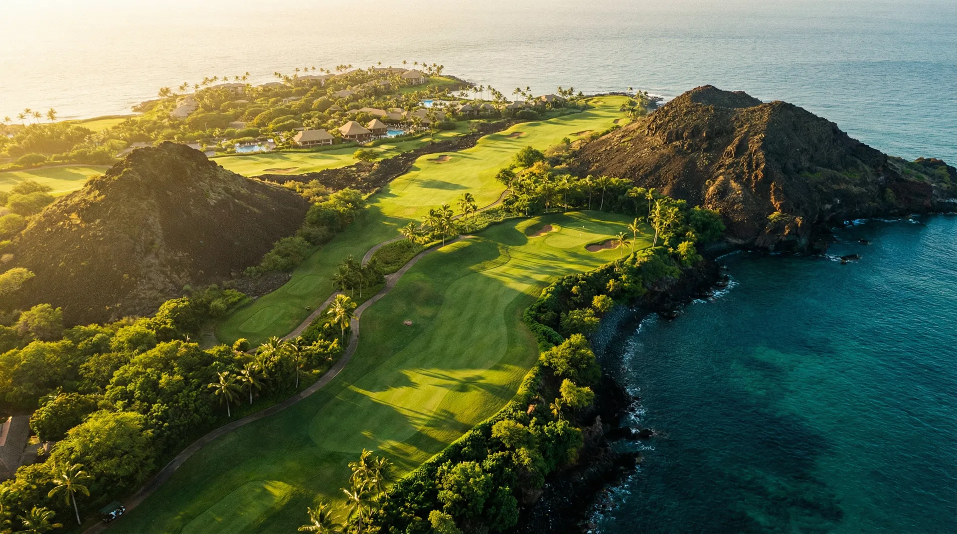 A golfer putting on a pristine green overlooking the Pacific Ocean and volcanic mountains at a Hawaii golf course