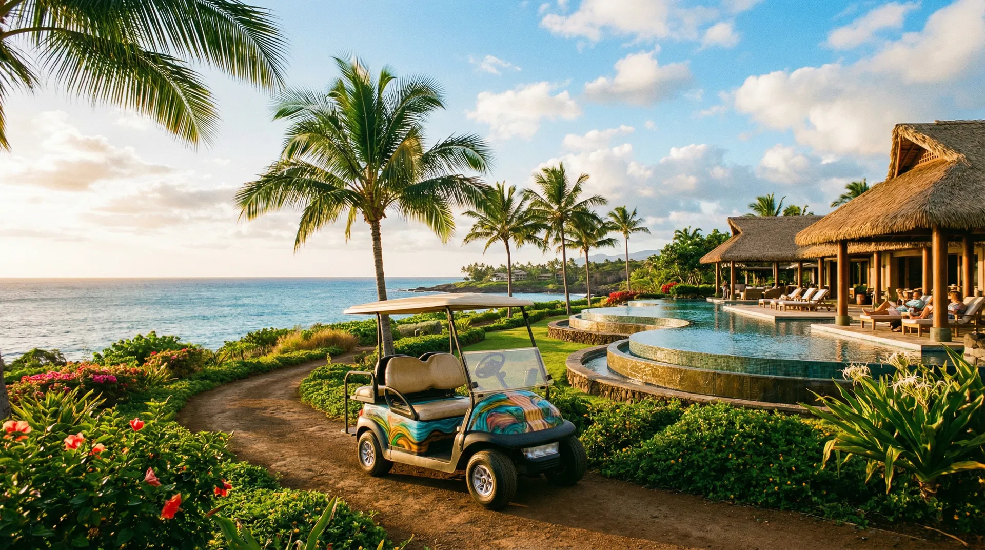 Panoramic view of a lush golf course in Hawaii with the ocean in the background and golfers on the fairway