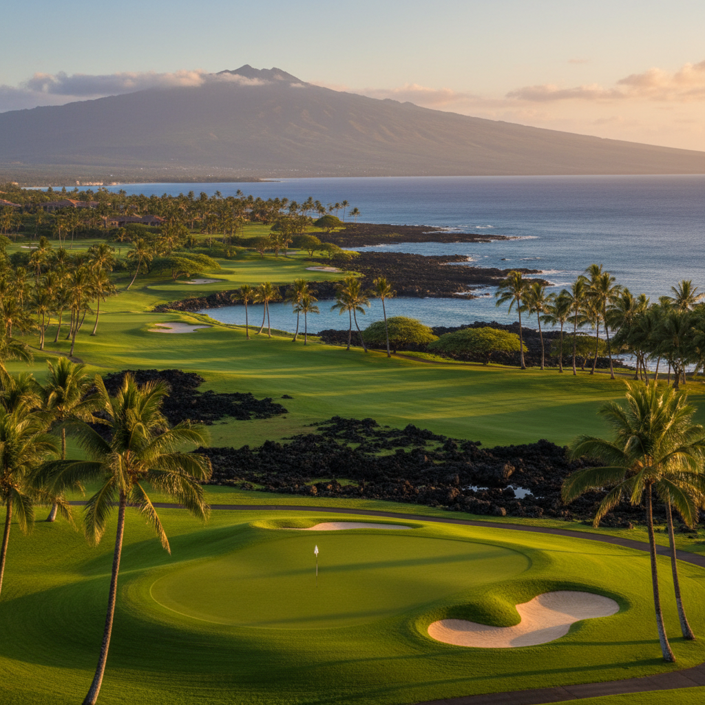 Scenic golf course in Hawaii with ocean views and lush green fairways