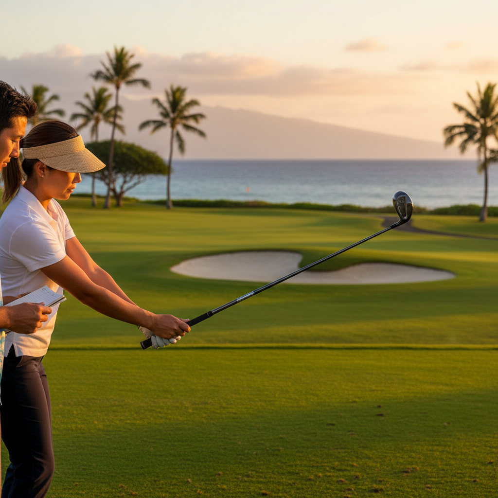 Golfer putting on a vibrant green Bermuda grass course in Hawaii with ocean in the background