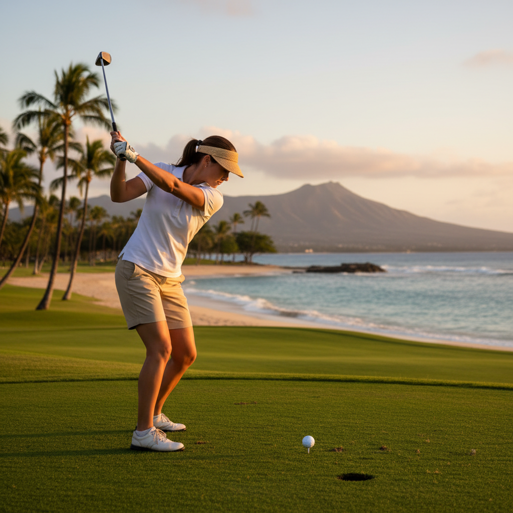Golfer teeing off on an oceanfront course in Hawaii with palm trees and blue ocean