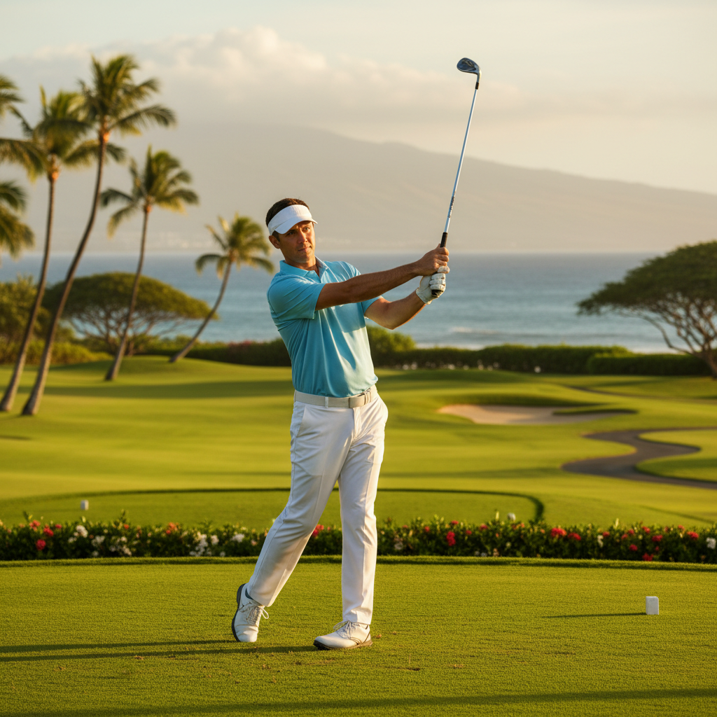 A golfer putting on a lush green with palm trees and the Pacific Ocean in the background on a sunny day in Hawaii.