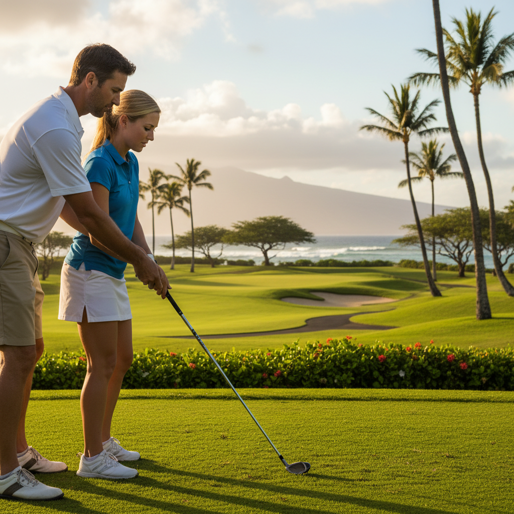 Golfer putting on a pristine green overlooking the Pacific Ocean in Hawaii