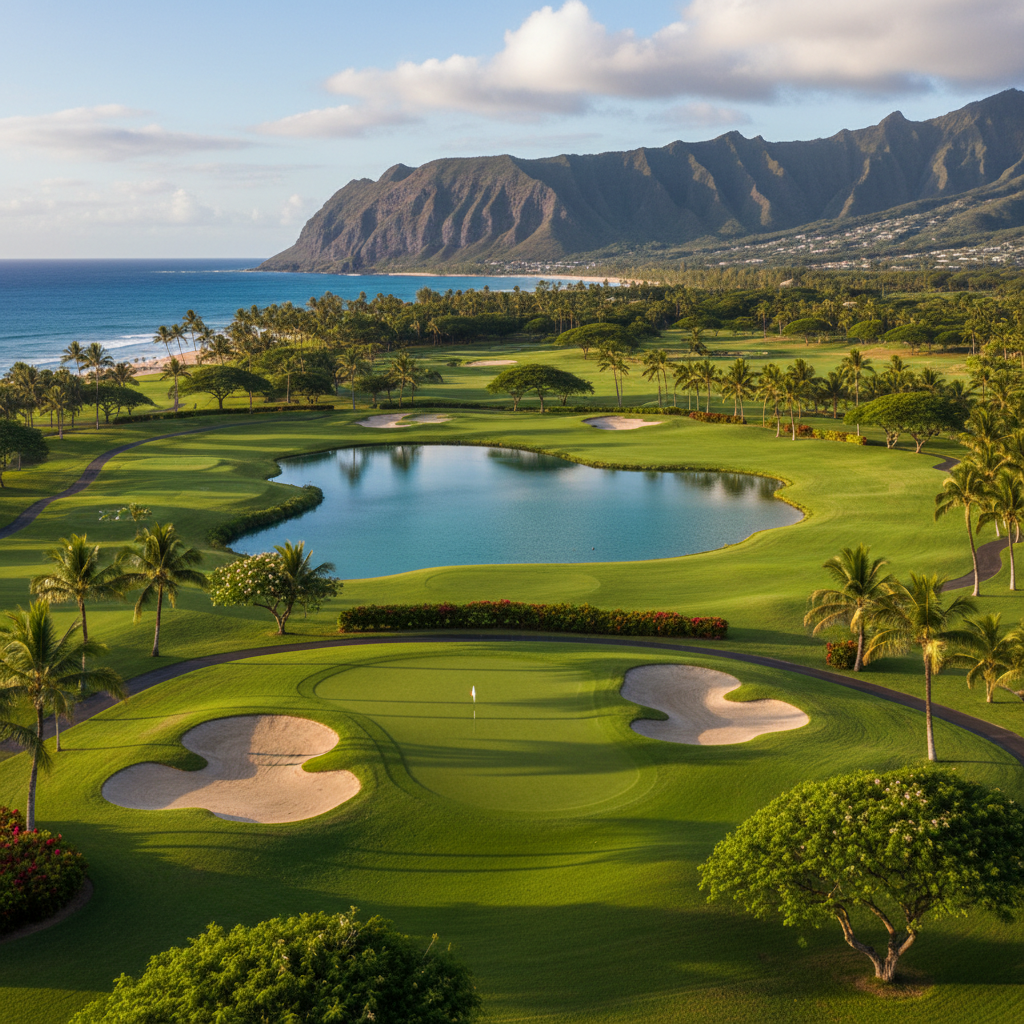 A golfer putting on a pristine green at Kapolei Golf Club with palm trees and distant mountains under a blue sky.